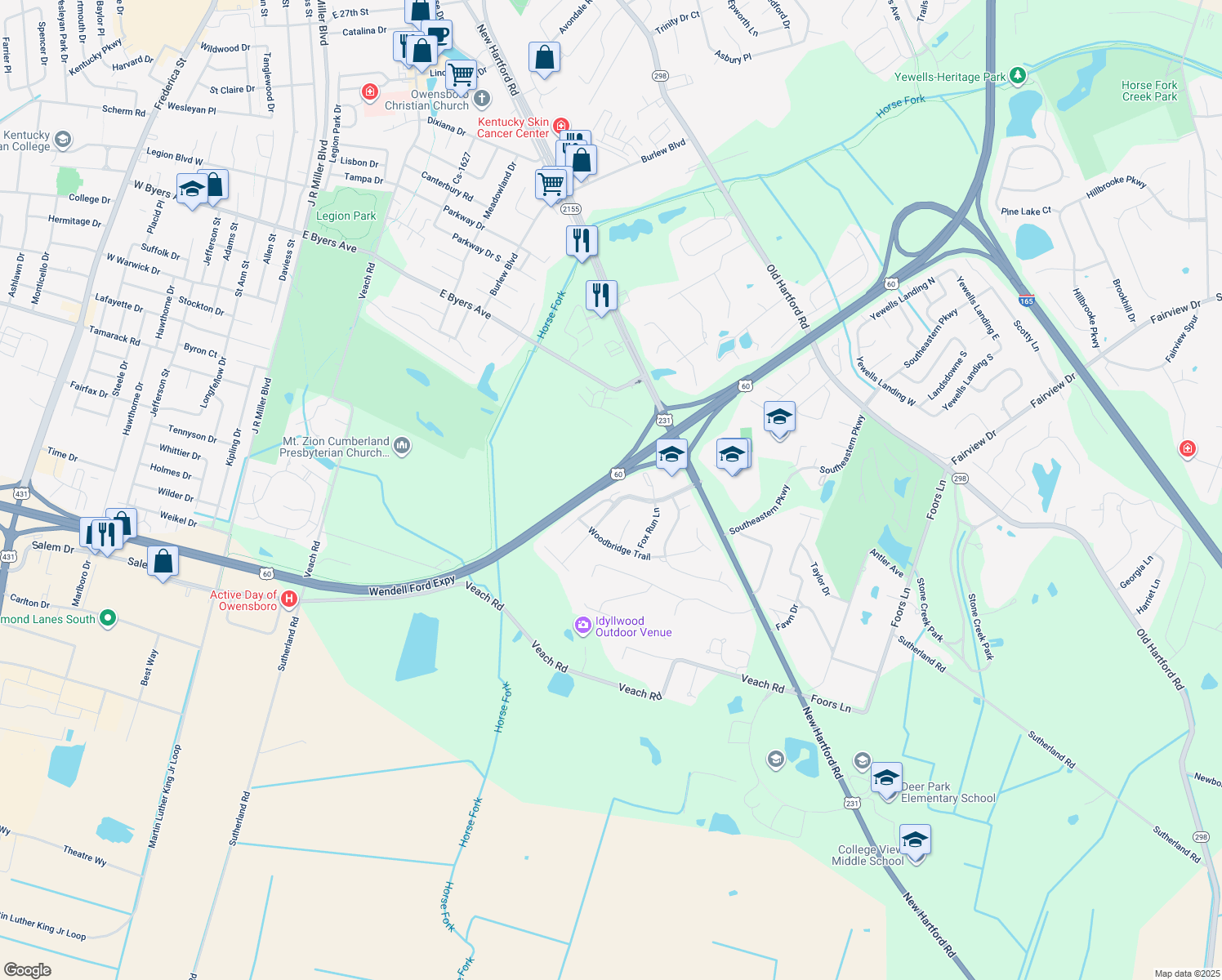 map of restaurants, bars, coffee shops, grocery stores, and more near 4209 Upper Spring Ct in Owensboro