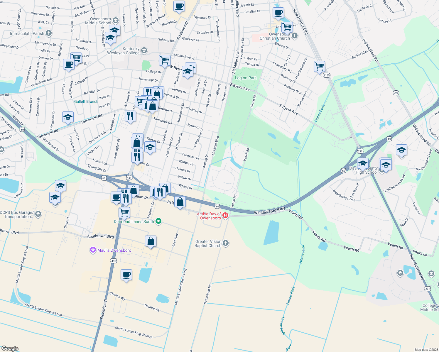 map of restaurants, bars, coffee shops, grocery stores, and more near 436 Stableford Cir in Owensboro