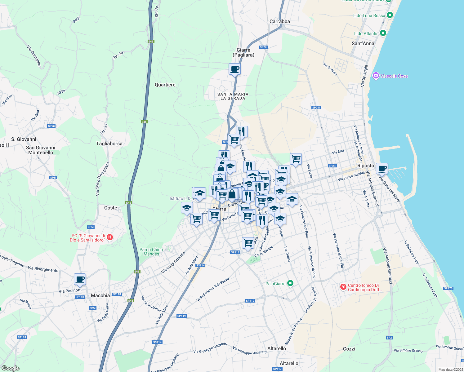 map of restaurants, bars, coffee shops, grocery stores, and more near 32 Via Vittorio Alfieri in Giarre