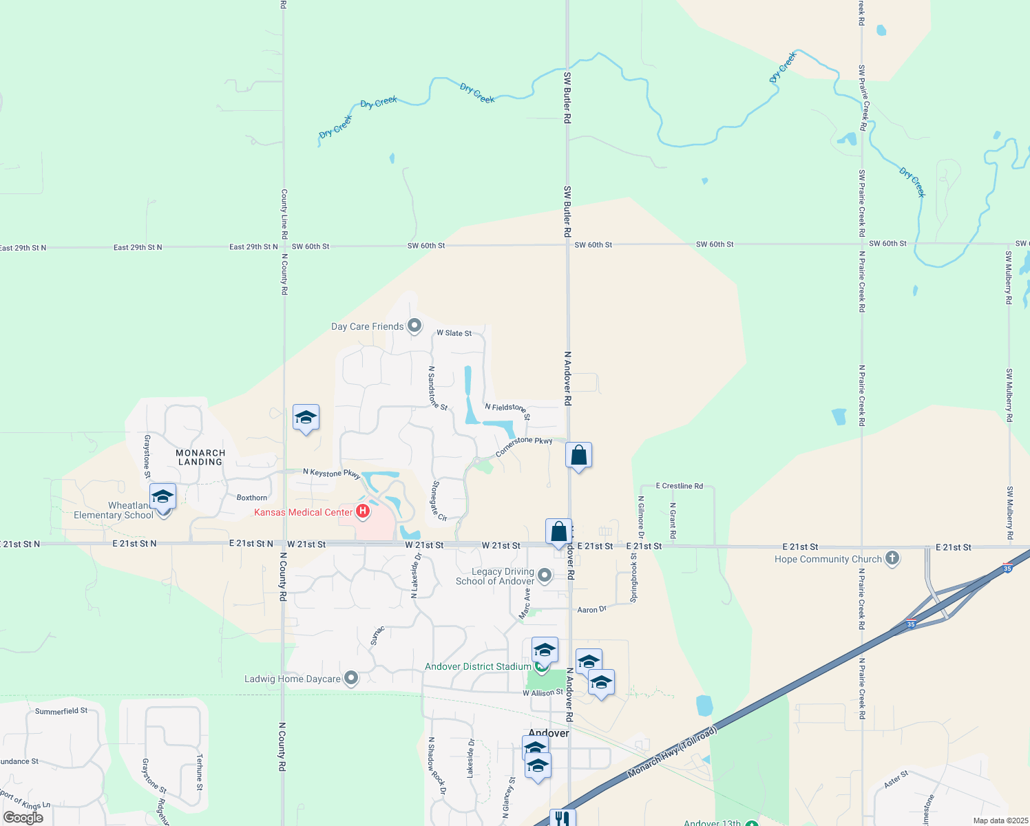 map of restaurants, bars, coffee shops, grocery stores, and more near 2421 North Fieldstone Street in Andover