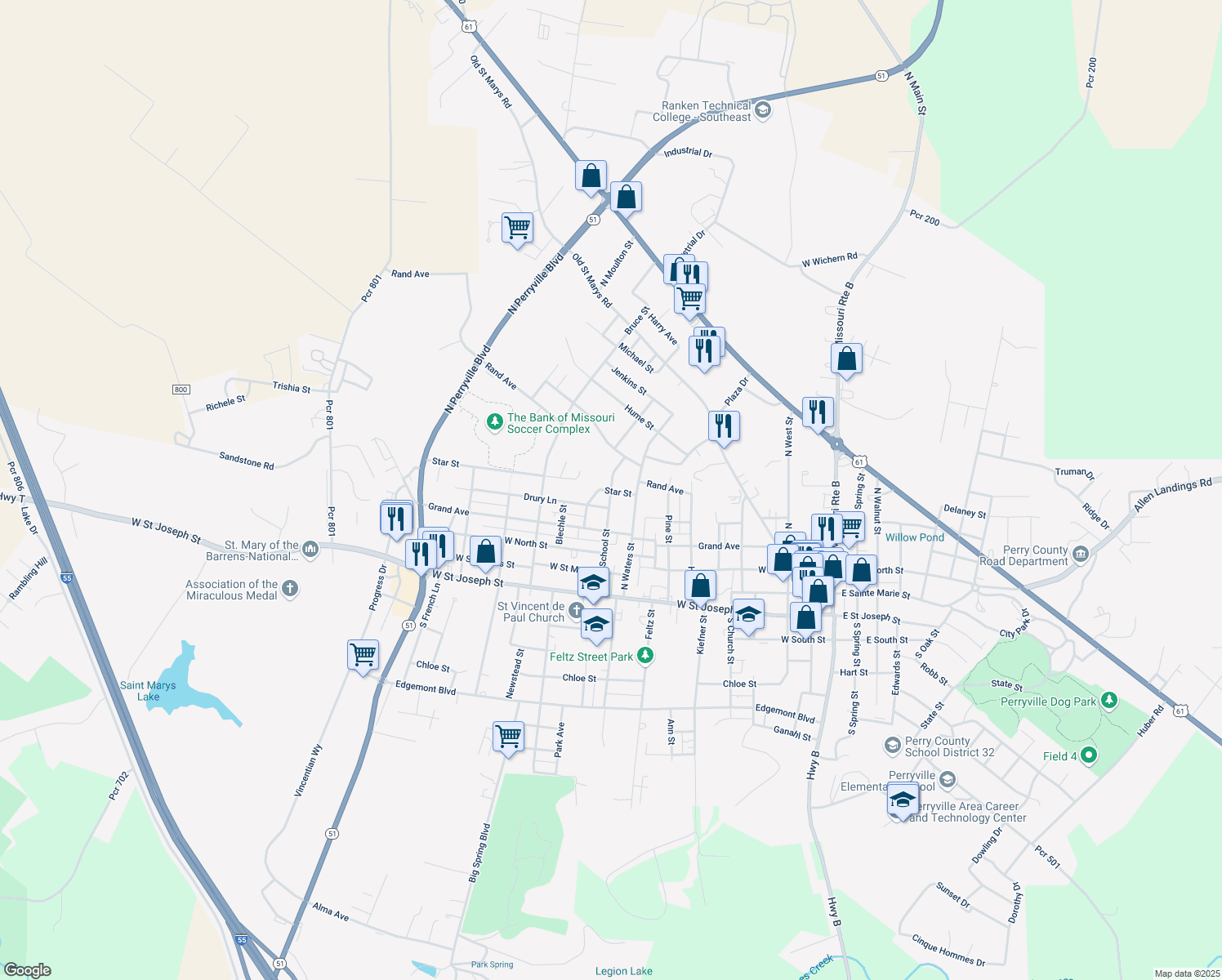 map of restaurants, bars, coffee shops, grocery stores, and more near 412 School St in Perryville