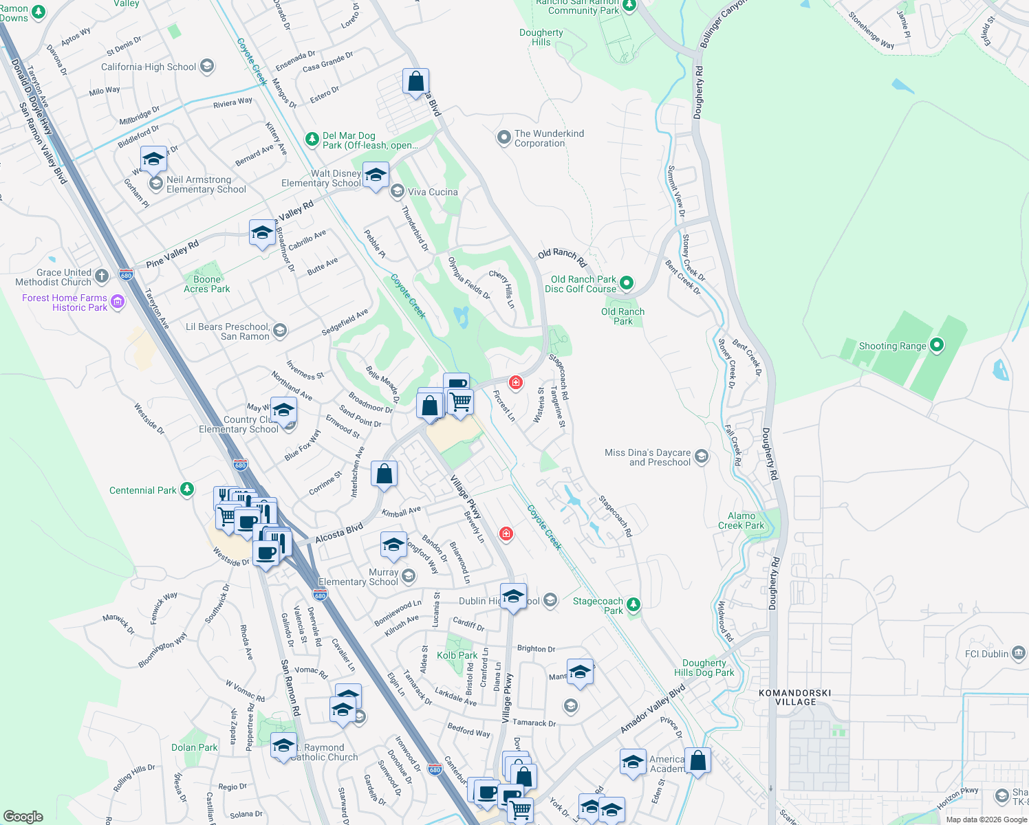 map of restaurants, bars, coffee shops, grocery stores, and more near 20 Fircrest Court in San Ramon