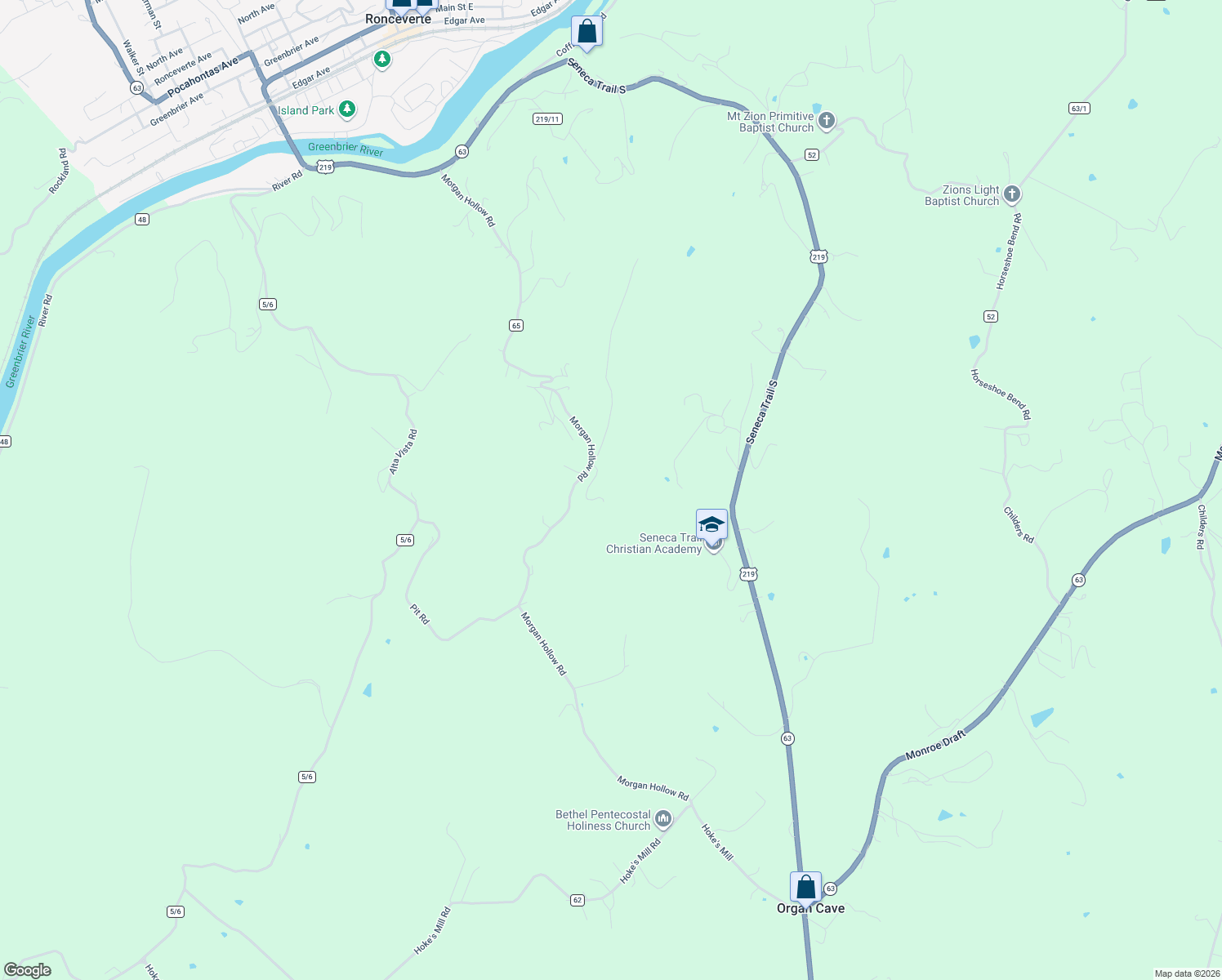 map of restaurants, bars, coffee shops, grocery stores, and more near Toothman Road in Ronceverte