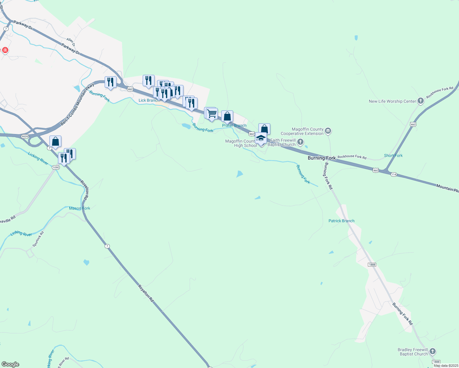 map of restaurants, bars, coffee shops, grocery stores, and more near in Magoffin County