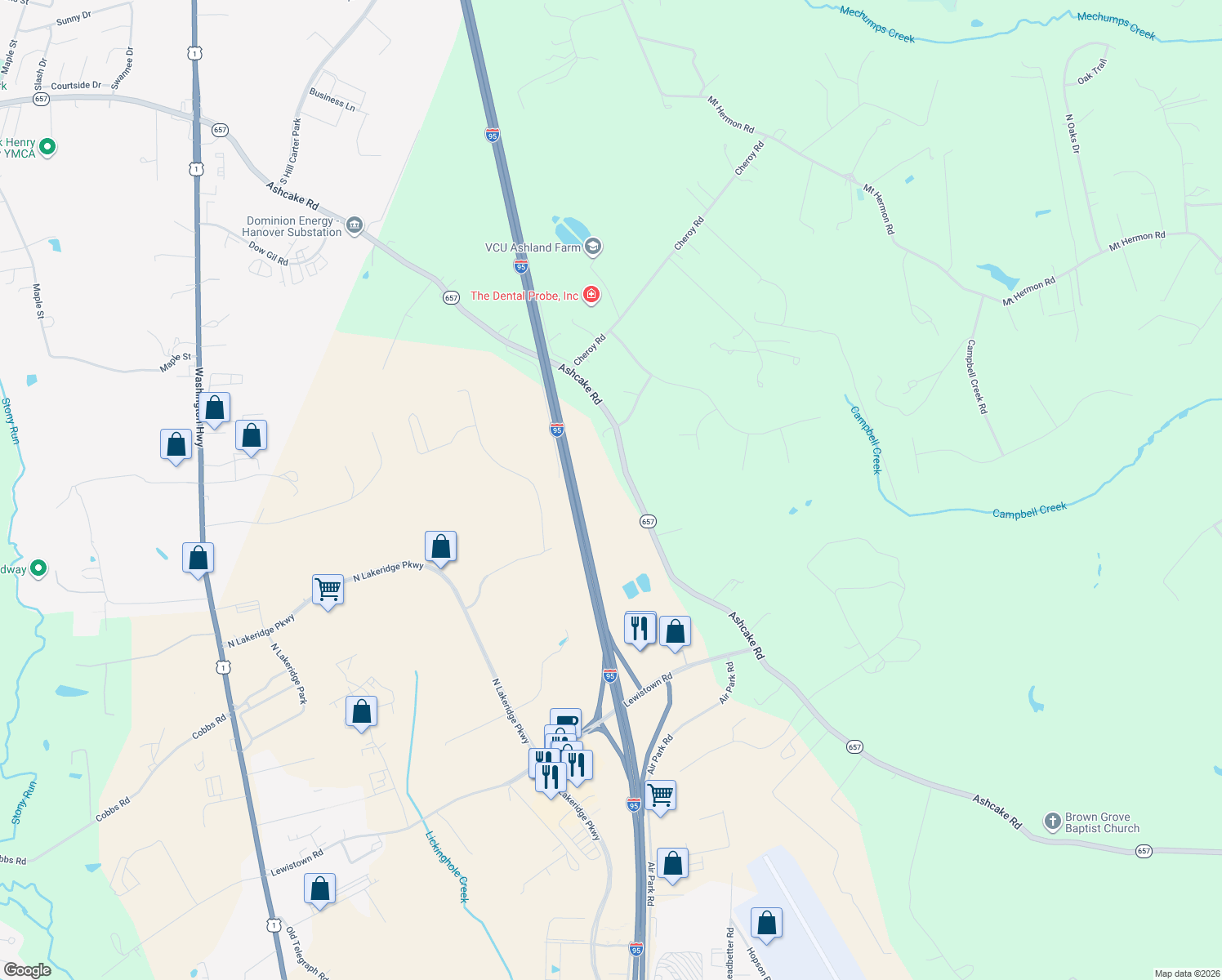 map of restaurants, bars, coffee shops, grocery stores, and more near 10247 Ashcake Road in Ashland
