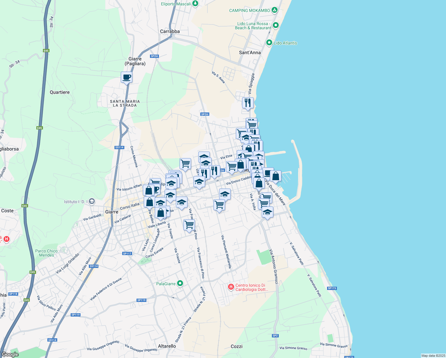 map of restaurants, bars, coffee shops, grocery stores, and more near 130 Via Camillo Benso Conte di Cavour in Riposto