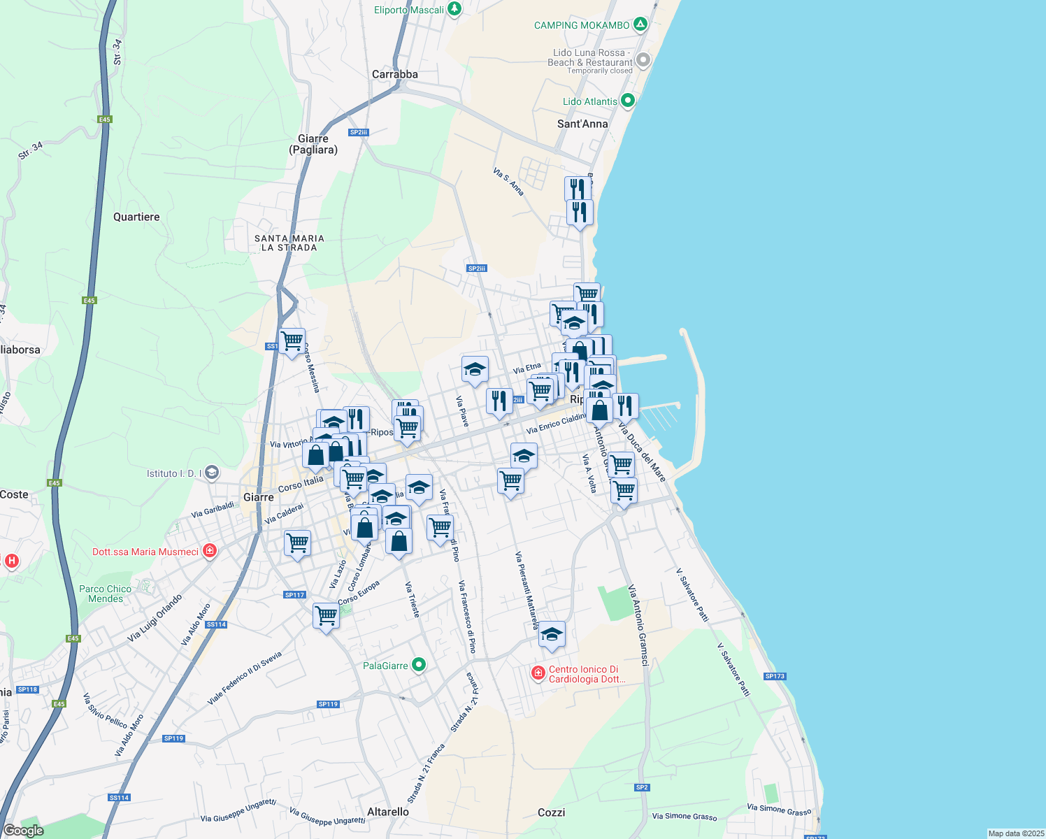 map of restaurants, bars, coffee shops, grocery stores, and more near 45 Via Luigi Capuana in Riposto