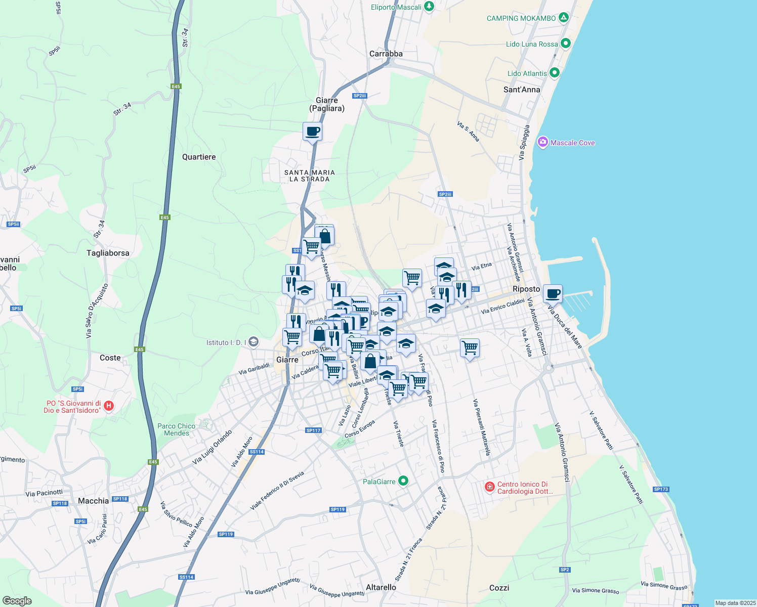 map of restaurants, bars, coffee shops, grocery stores, and more near Via Stazione Circumetnea in Giarre