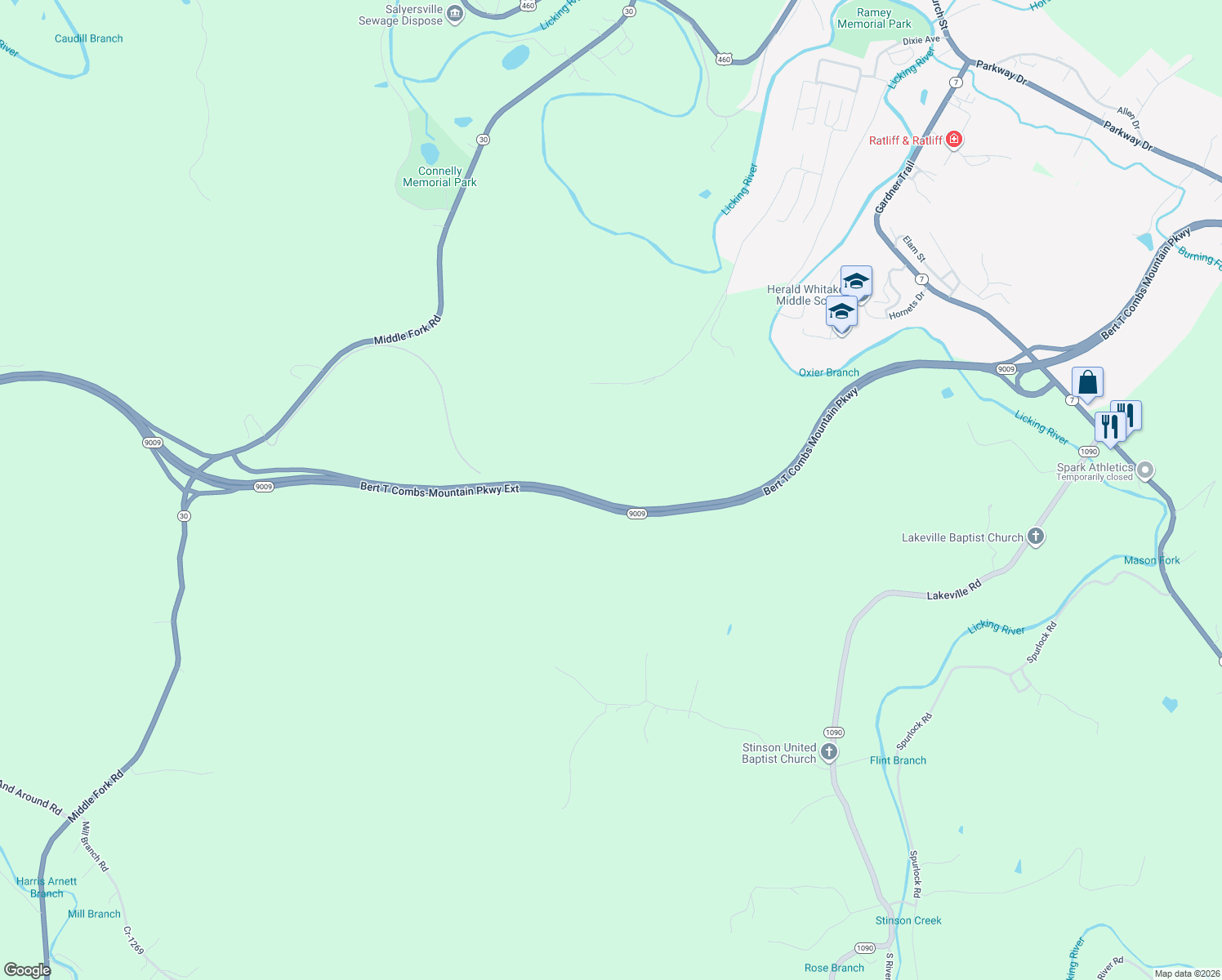 map of restaurants, bars, coffee shops, grocery stores, and more near Bert T Combs Mountain Parkway in Salyersville