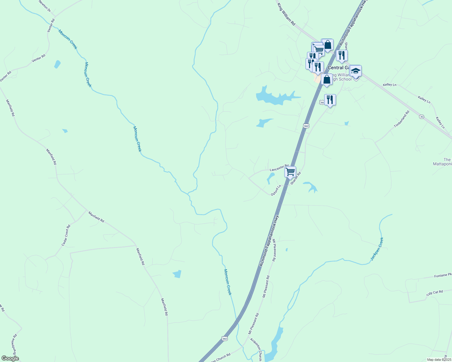 map of restaurants, bars, coffee shops, grocery stores, and more near 353 Nottoway Lane in King William