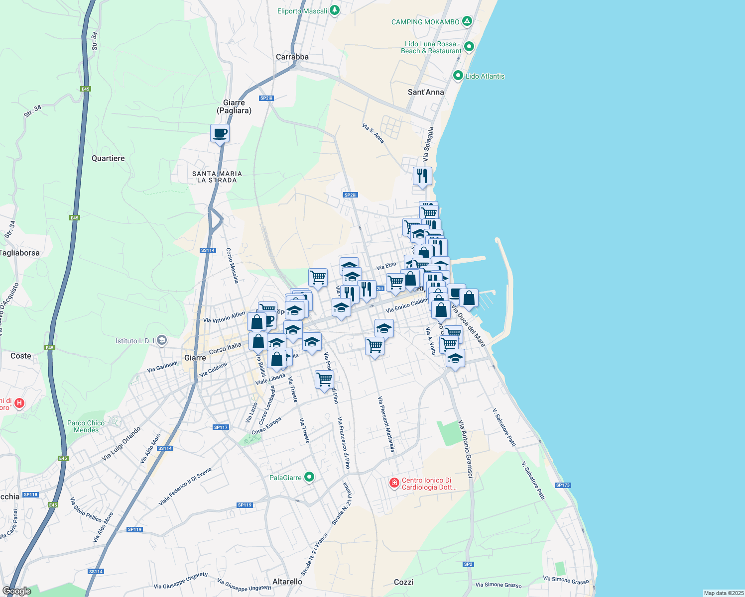 map of restaurants, bars, coffee shops, grocery stores, and more near 130 Via Camillo Benso Conte Di Cavour in Riposto