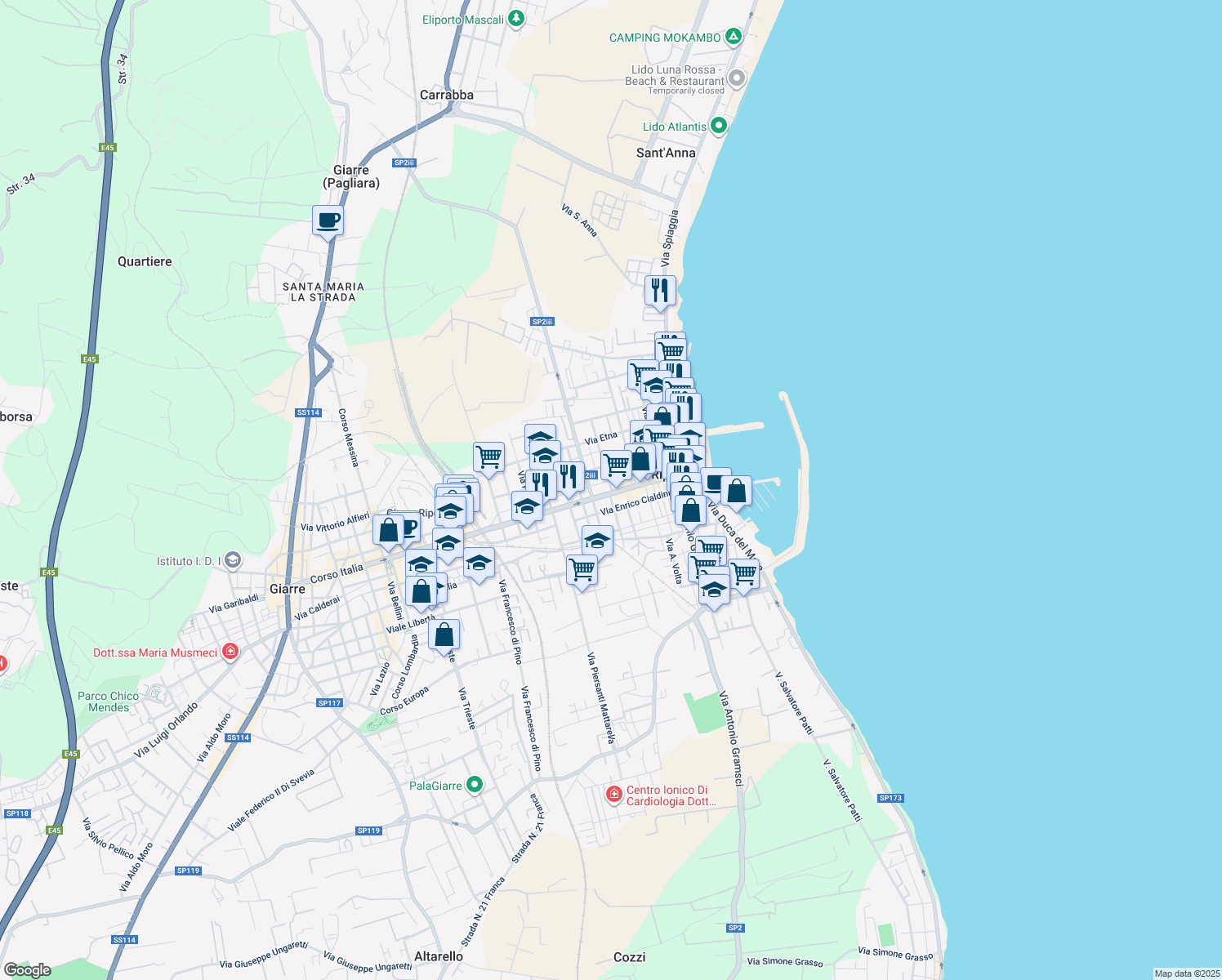 map of restaurants, bars, coffee shops, grocery stores, and more near 45 Via Luigi Capuana in Riposto