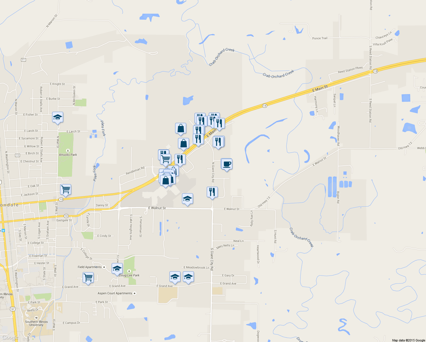 map of restaurants, bars, coffee shops, grocery stores, and more near 504 North Giant City Road in Carbondale