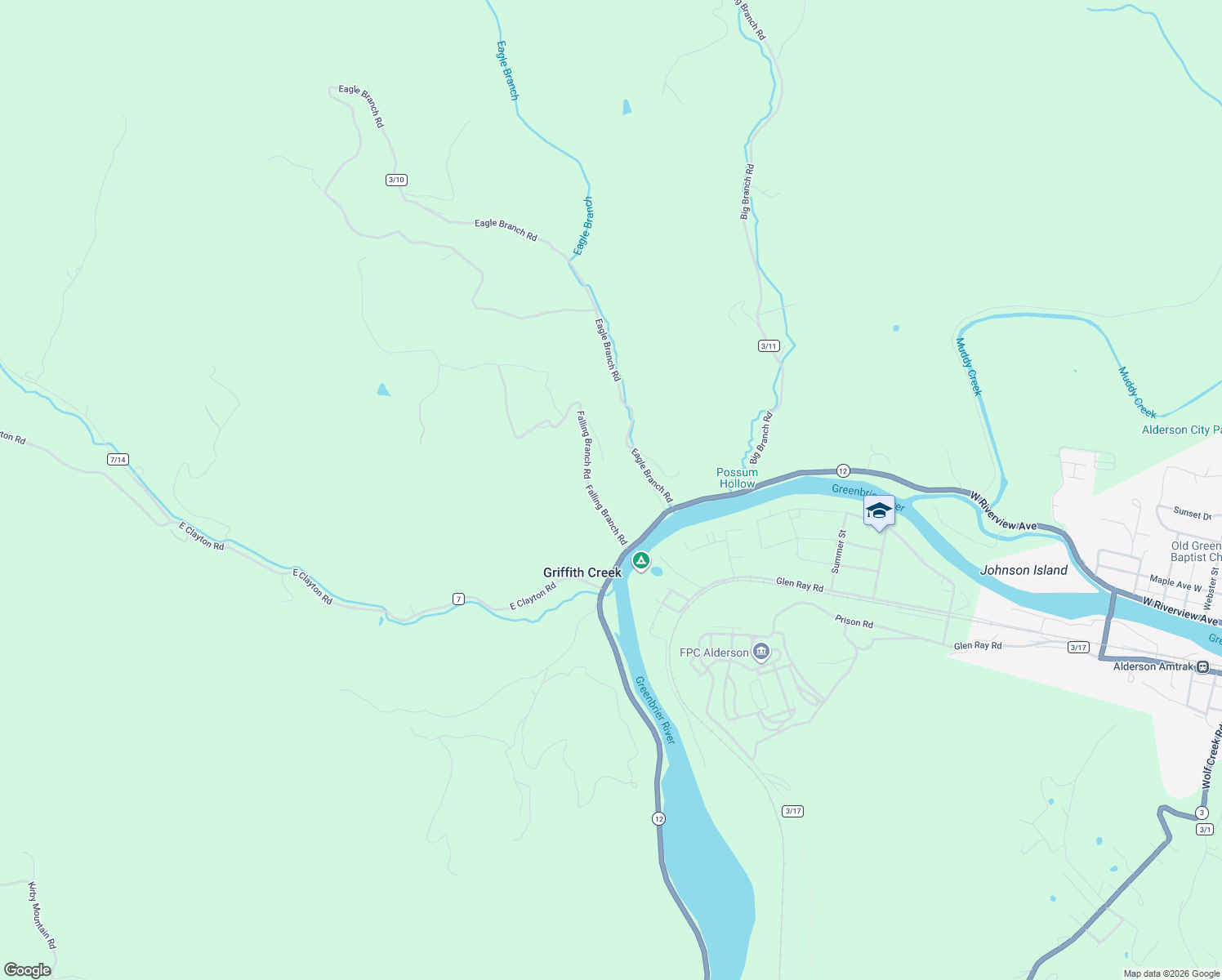 map of restaurants, bars, coffee shops, grocery stores, and more near 445 Falling Branch Road in Alderson