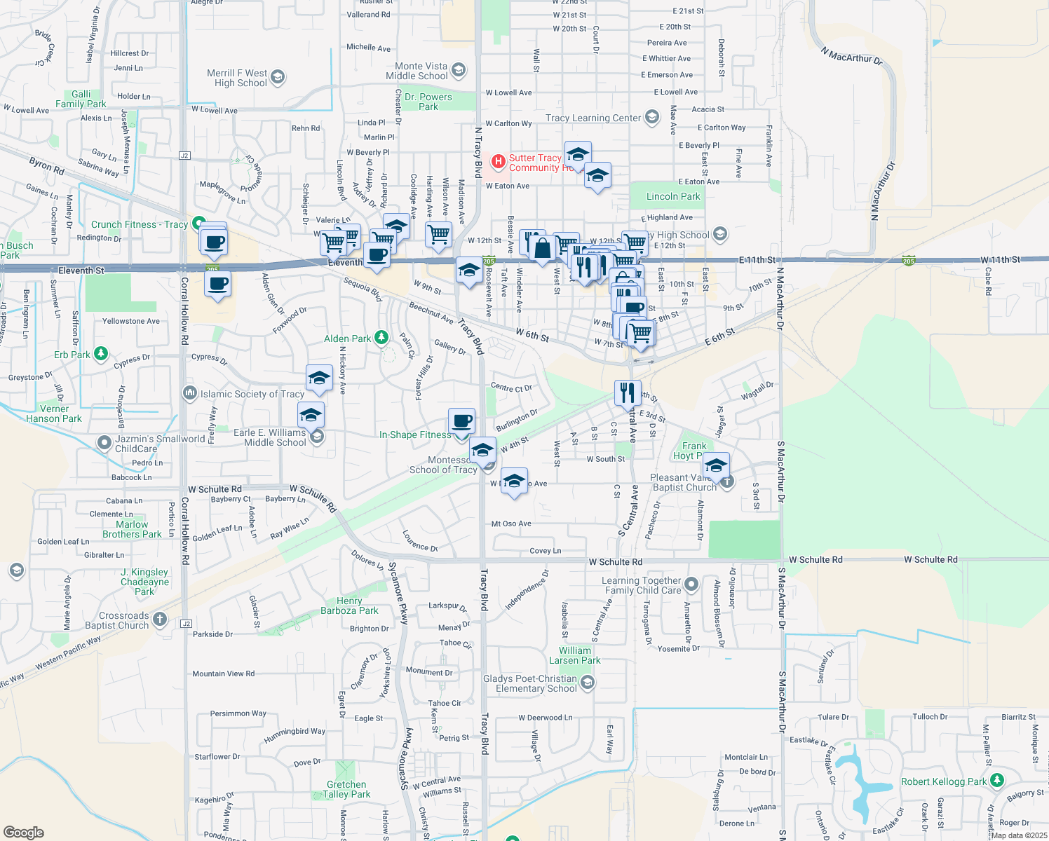 map of restaurants, bars, coffee shops, grocery stores, and more near 448 Burlington Drive in Tracy