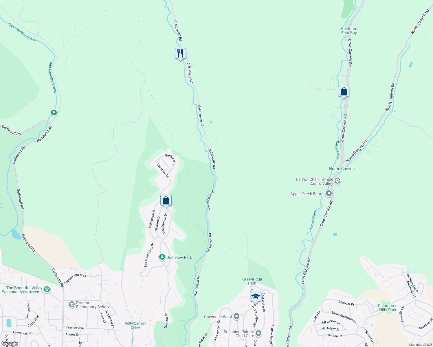 map of restaurants, bars, coffee shops, grocery stores, and more near 17834 Cull Canyon Road in Castro Valley