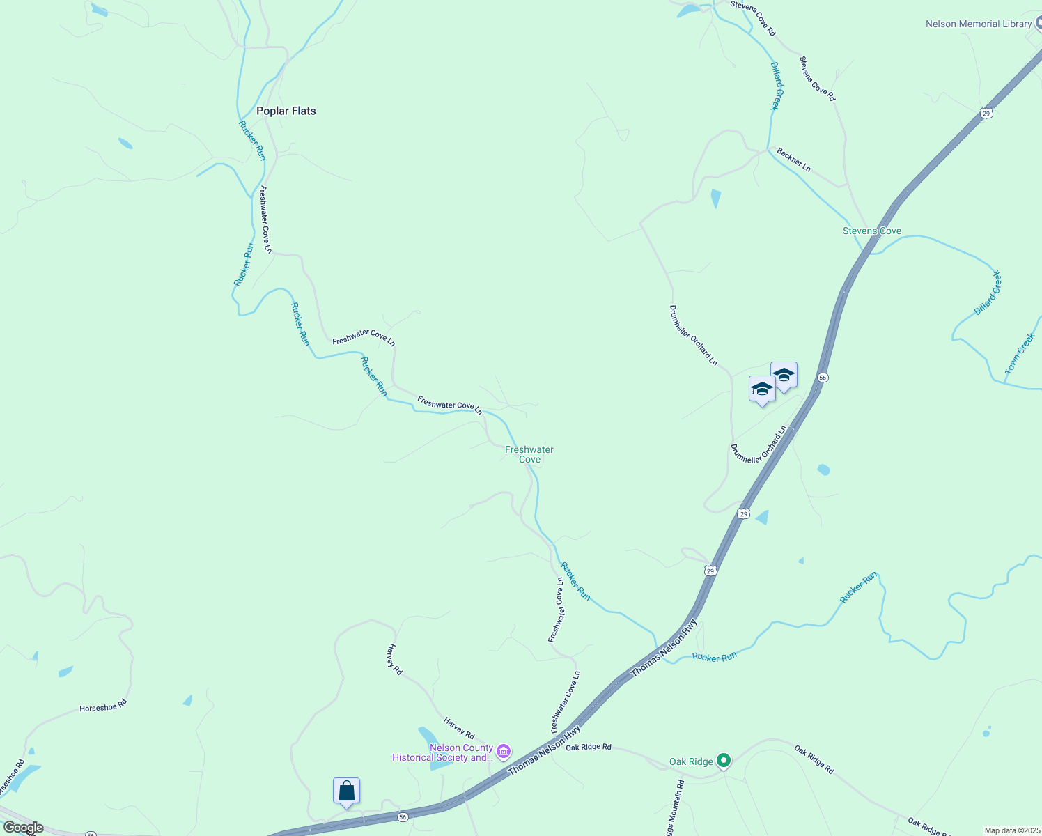 map of restaurants, bars, coffee shops, grocery stores, and more near Rocky Hill Lane in Lovingston