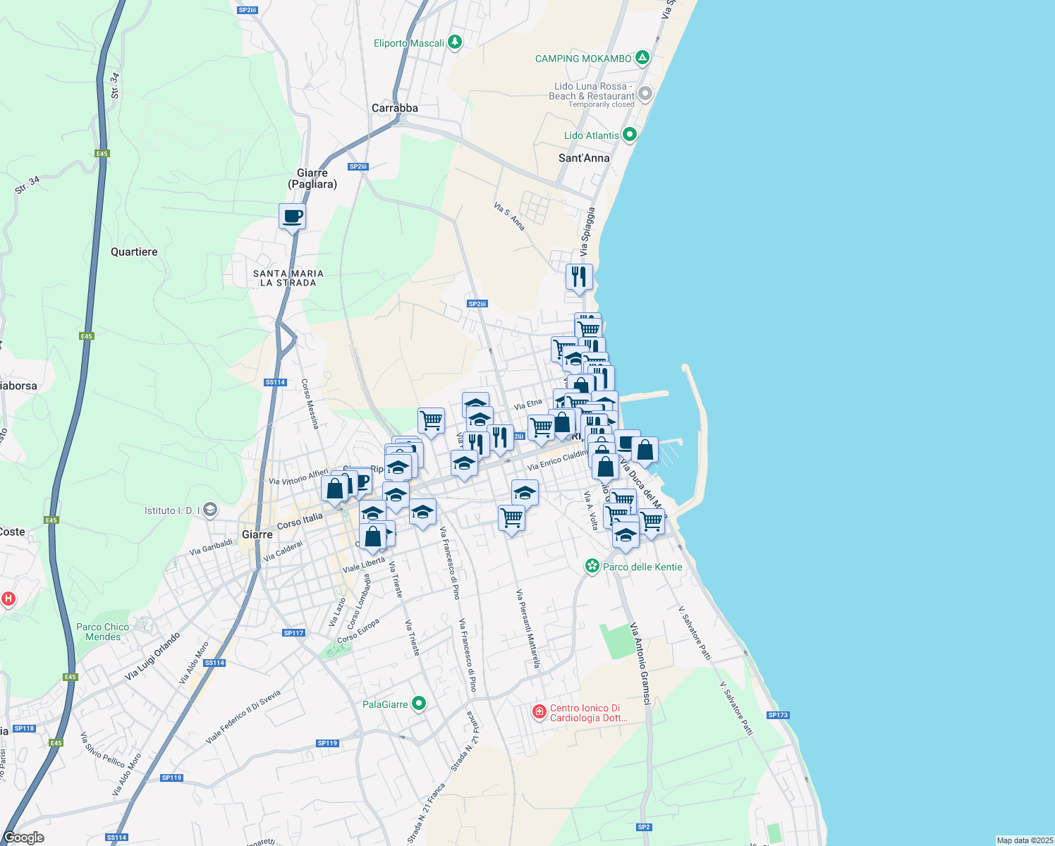 map of restaurants, bars, coffee shops, grocery stores, and more near 16 Via Luigi Capuana in Riposto