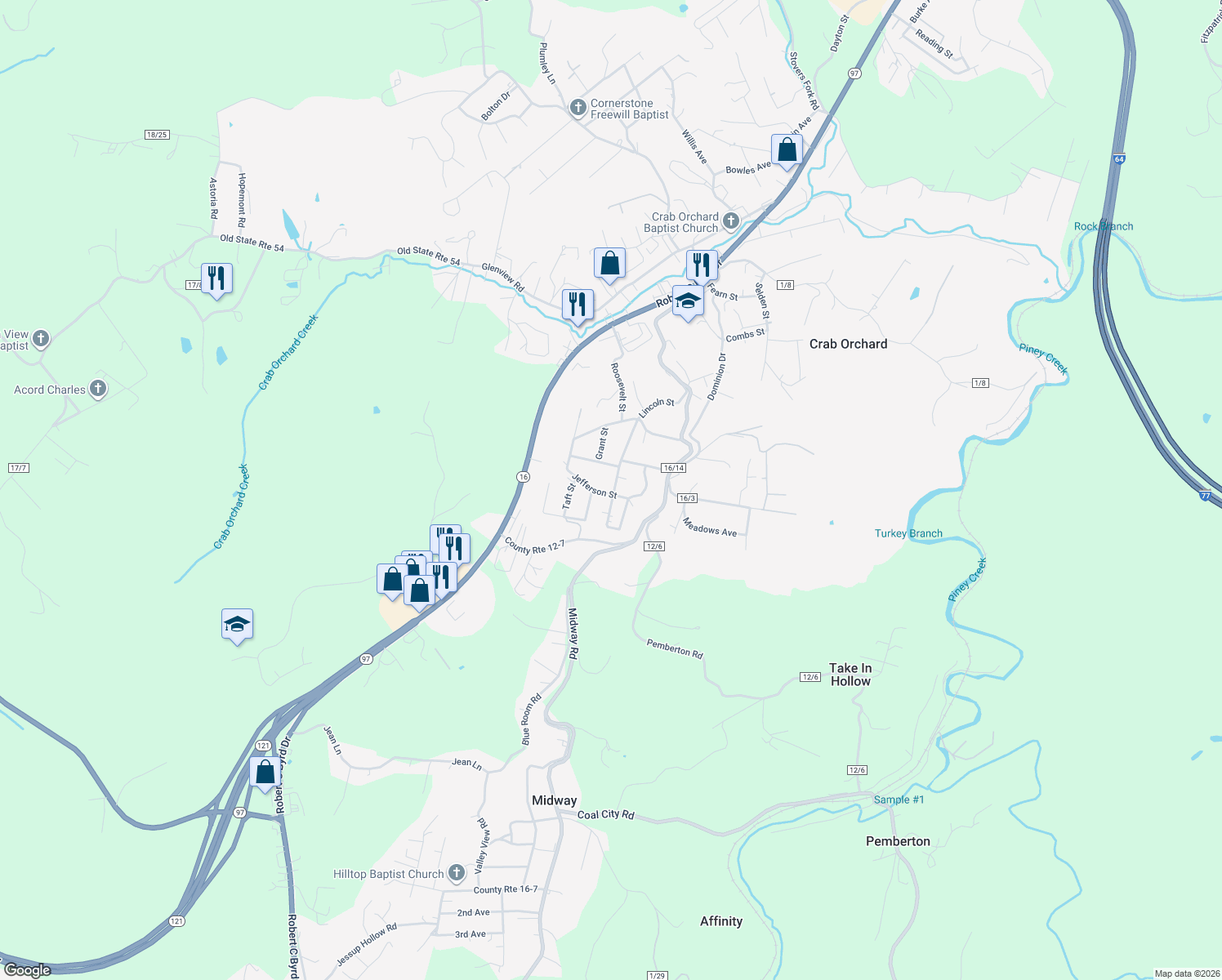 map of restaurants, bars, coffee shops, grocery stores, and more near 202 Jefferson St in Crab Orchard