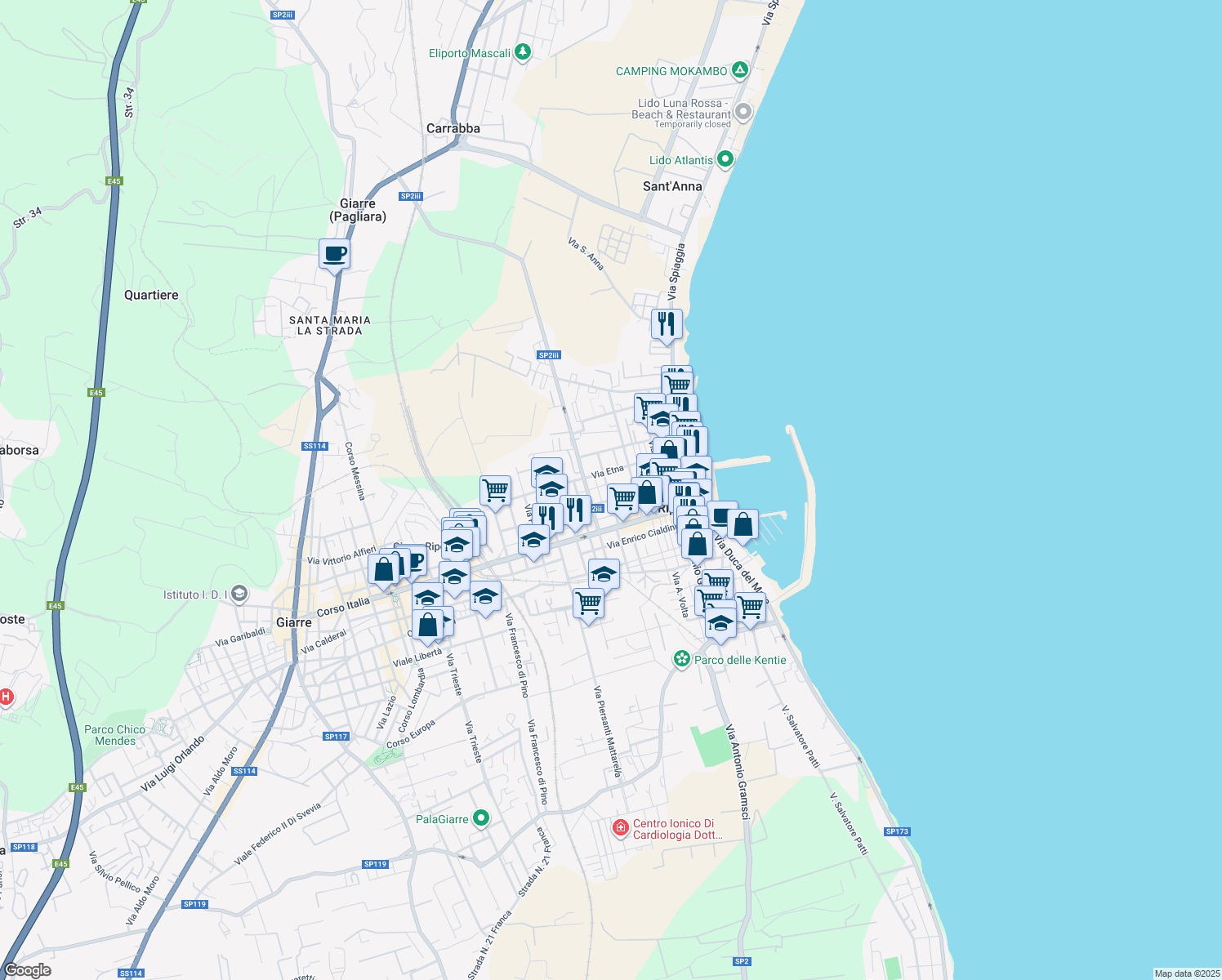 map of restaurants, bars, coffee shops, grocery stores, and more near 16 Via Luigi Capuana in Riposto