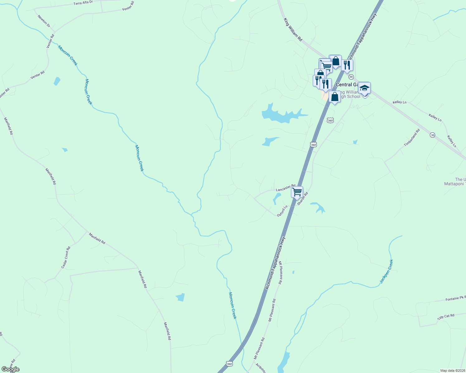 map of restaurants, bars, coffee shops, grocery stores, and more near 371 Oxford Lane in King William