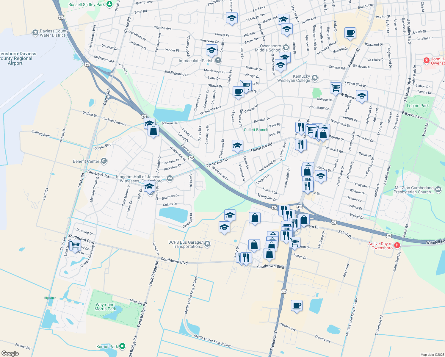 map of restaurants, bars, coffee shops, grocery stores, and more near 3932 Brentwood Dr in Owensboro