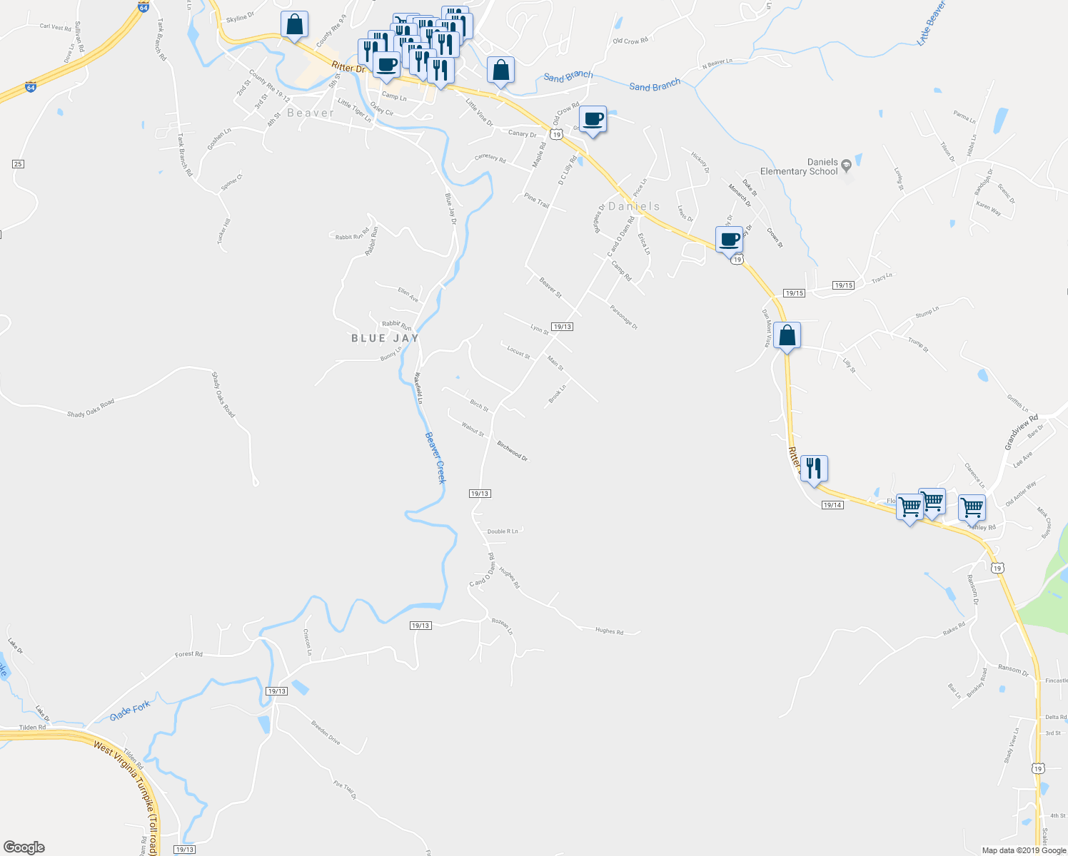 map of restaurants, bars, coffee shops, grocery stores, and more near 160 Cherry St in Daniels