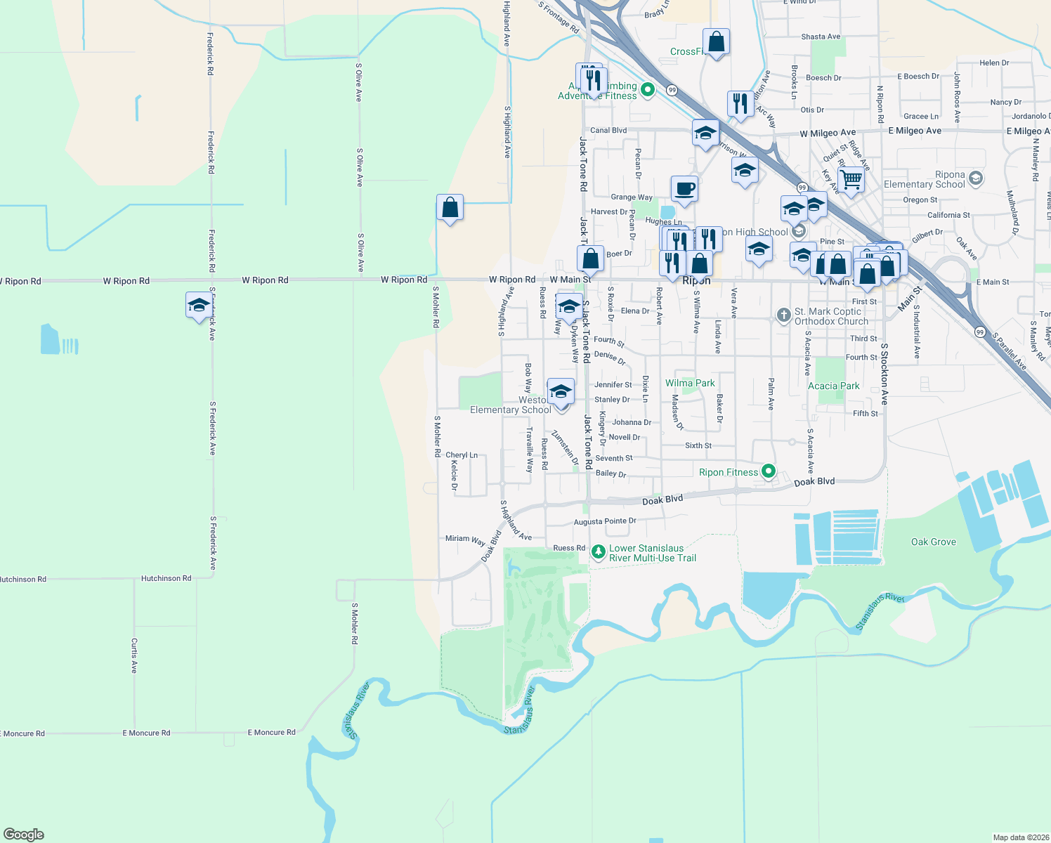 map of restaurants, bars, coffee shops, grocery stores, and more near 1720 Ruth Drive in Ripon