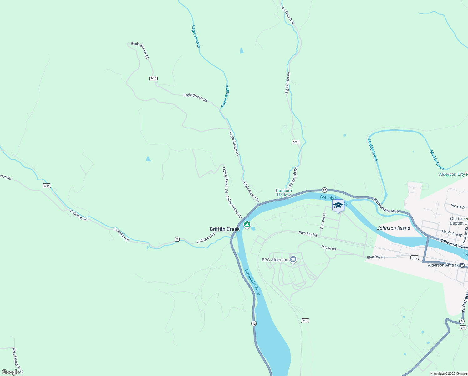 map of restaurants, bars, coffee shops, grocery stores, and more near 445 Falling Branch Road in Alderson