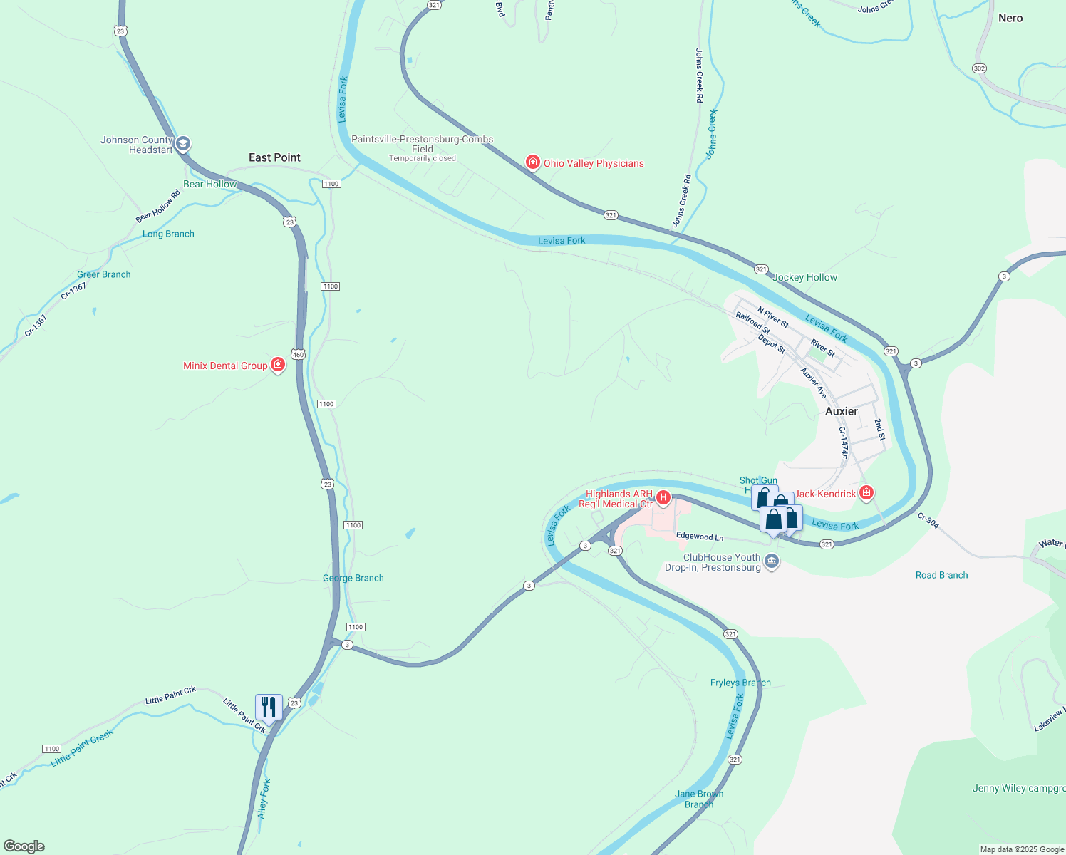 map of restaurants, bars, coffee shops, grocery stores, and more near in Auxier