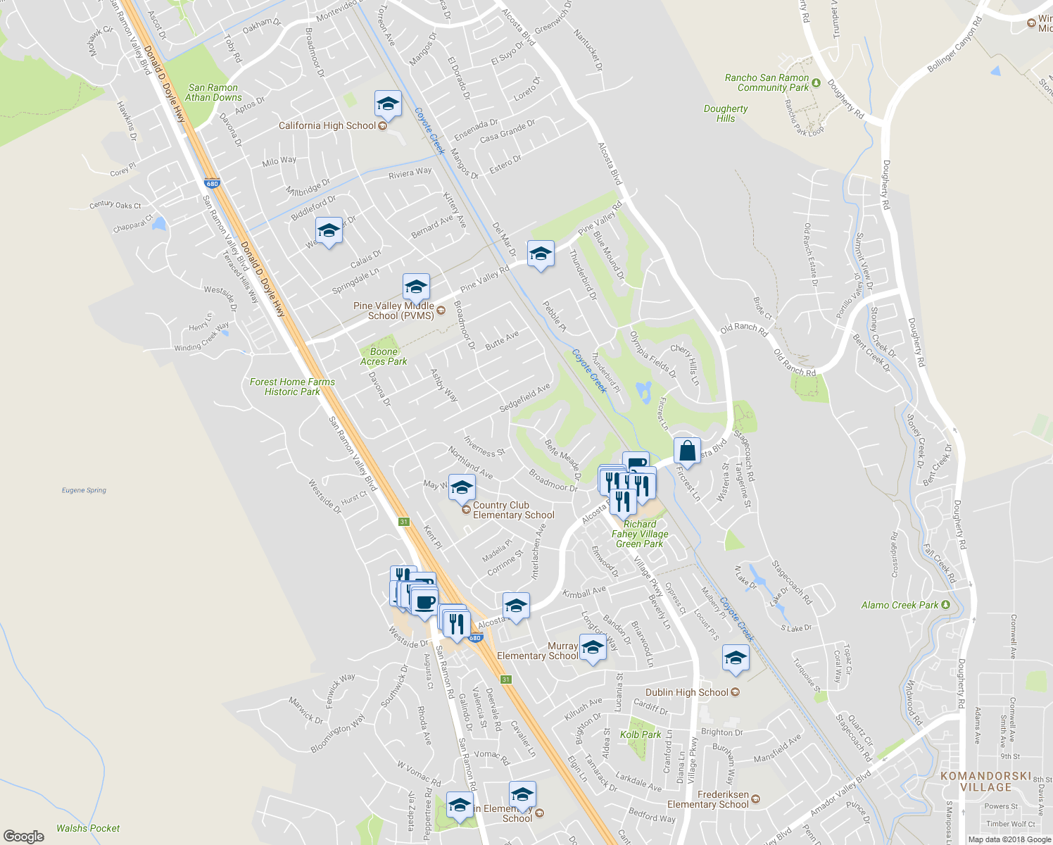 map of restaurants, bars, coffee shops, grocery stores, and more near 9610 Belle Meade Drive in San Ramon