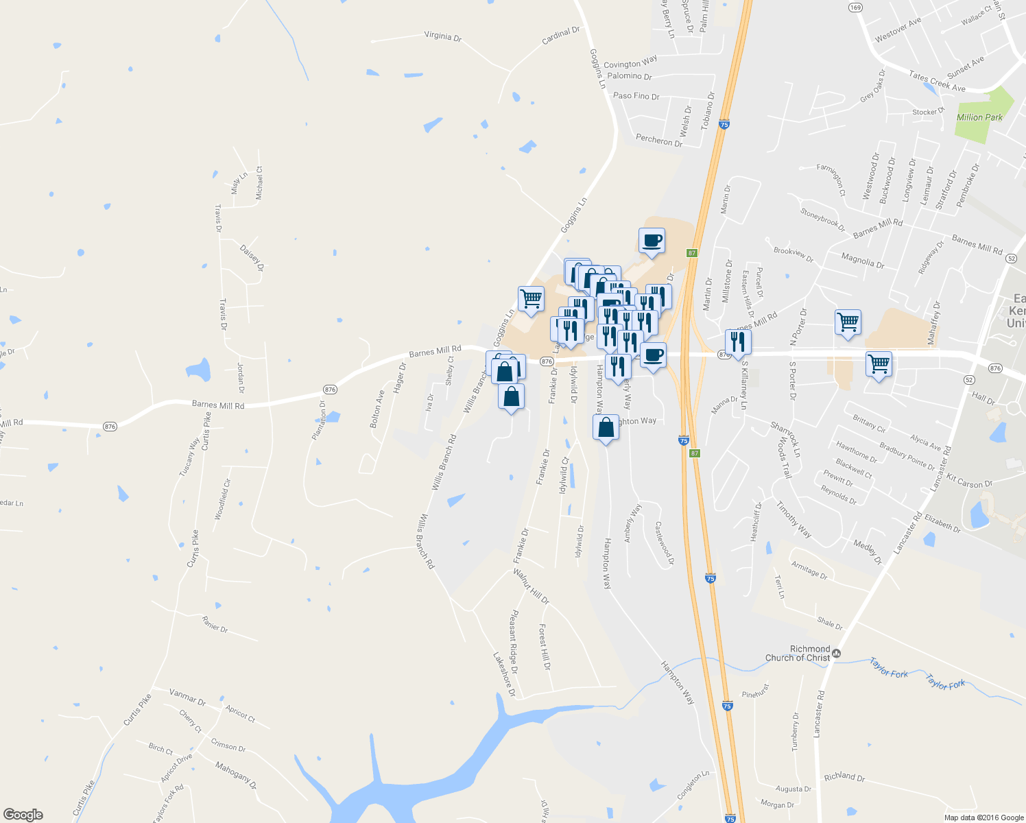 map of restaurants, bars, coffee shops, grocery stores, and more near 165 Meridian Way in Richmond