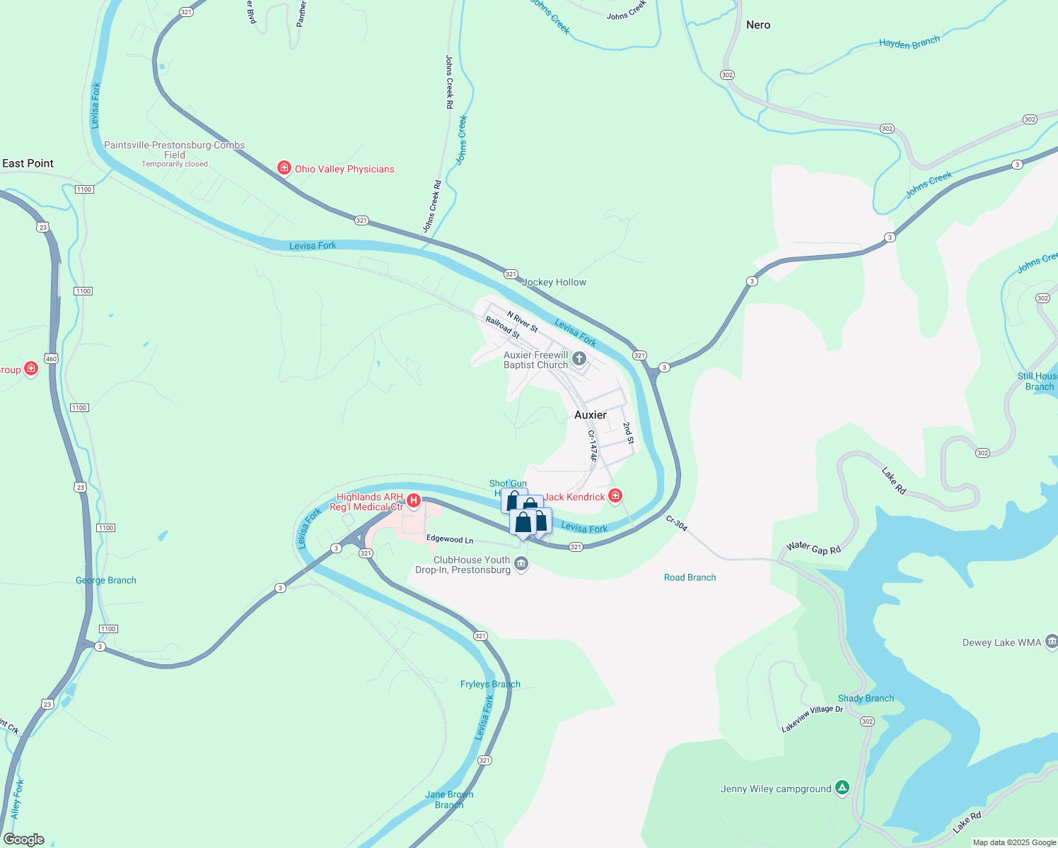 map of restaurants, bars, coffee shops, grocery stores, and more near Government Cemetery Road B in Auxier