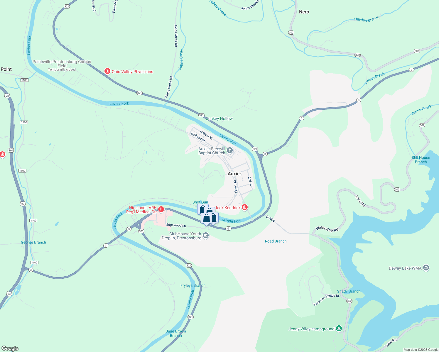 map of restaurants, bars, coffee shops, grocery stores, and more near Government Cemetery Road B in Auxier