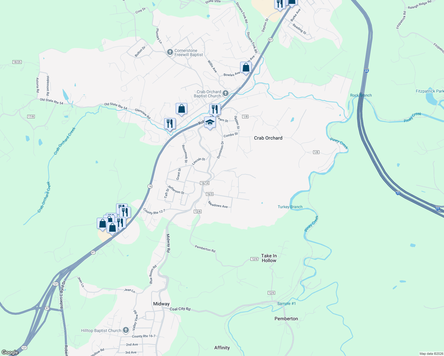 map of restaurants, bars, coffee shops, grocery stores, and more near 129 Oak Ln in Crab Orchard