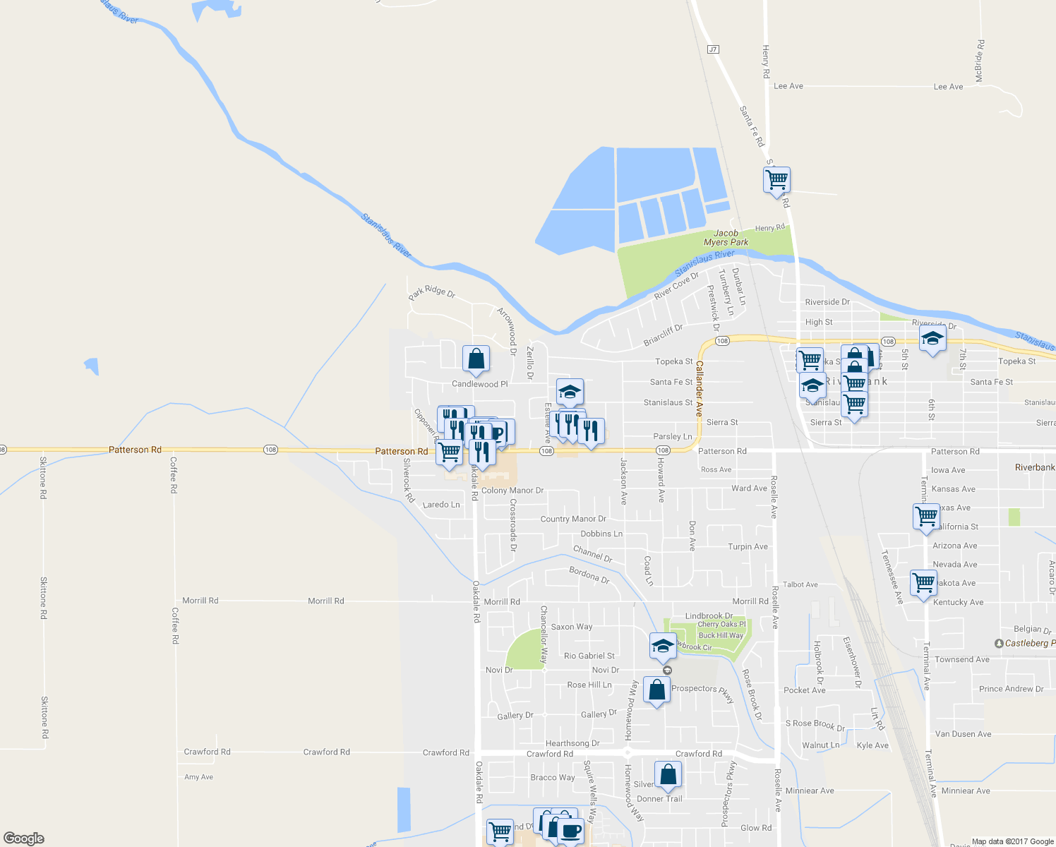 map of restaurants, bars, coffee shops, grocery stores, and more near 2306 Rio Verde Drive in Riverbank