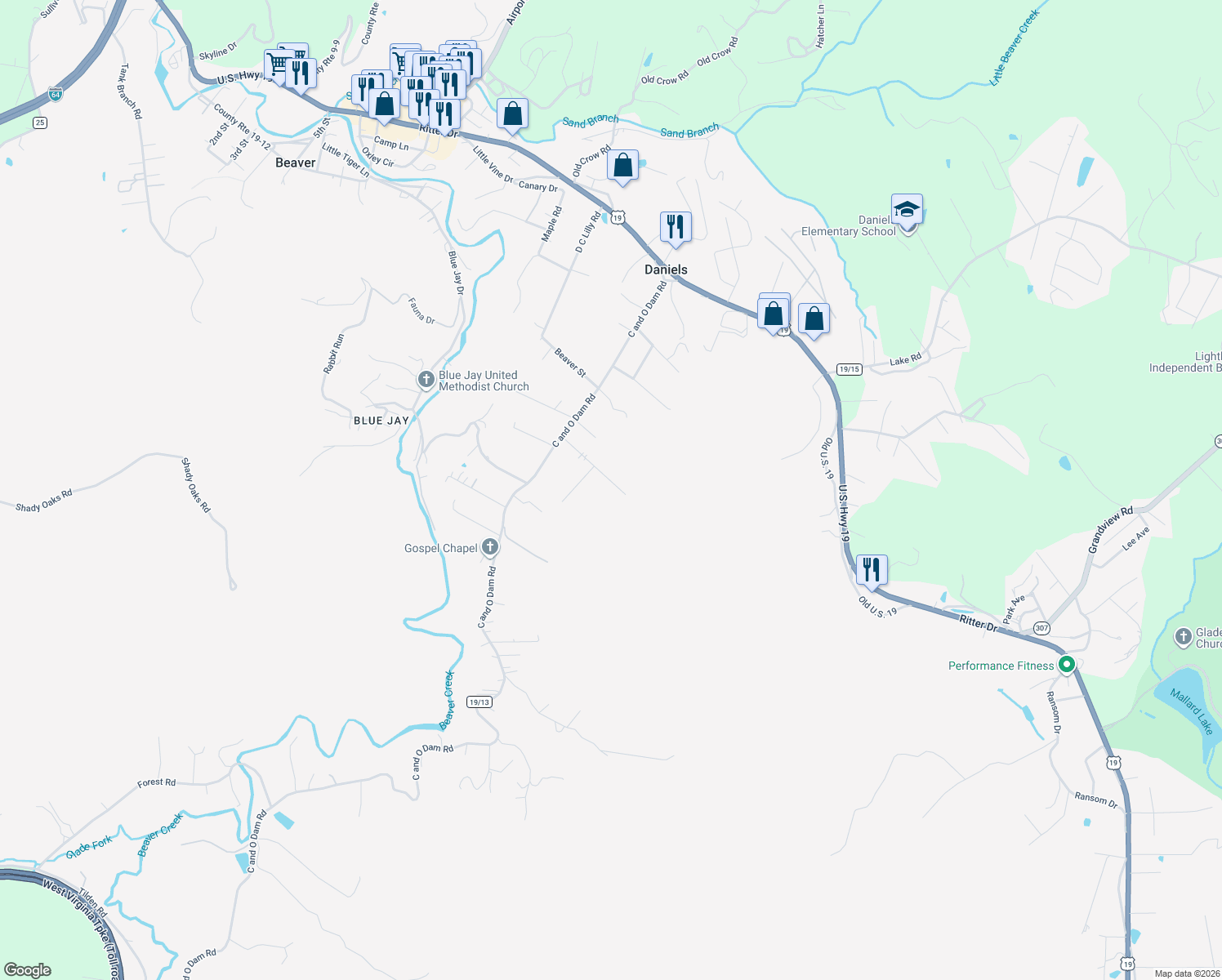map of restaurants, bars, coffee shops, grocery stores, and more near 232 Main St in Daniels