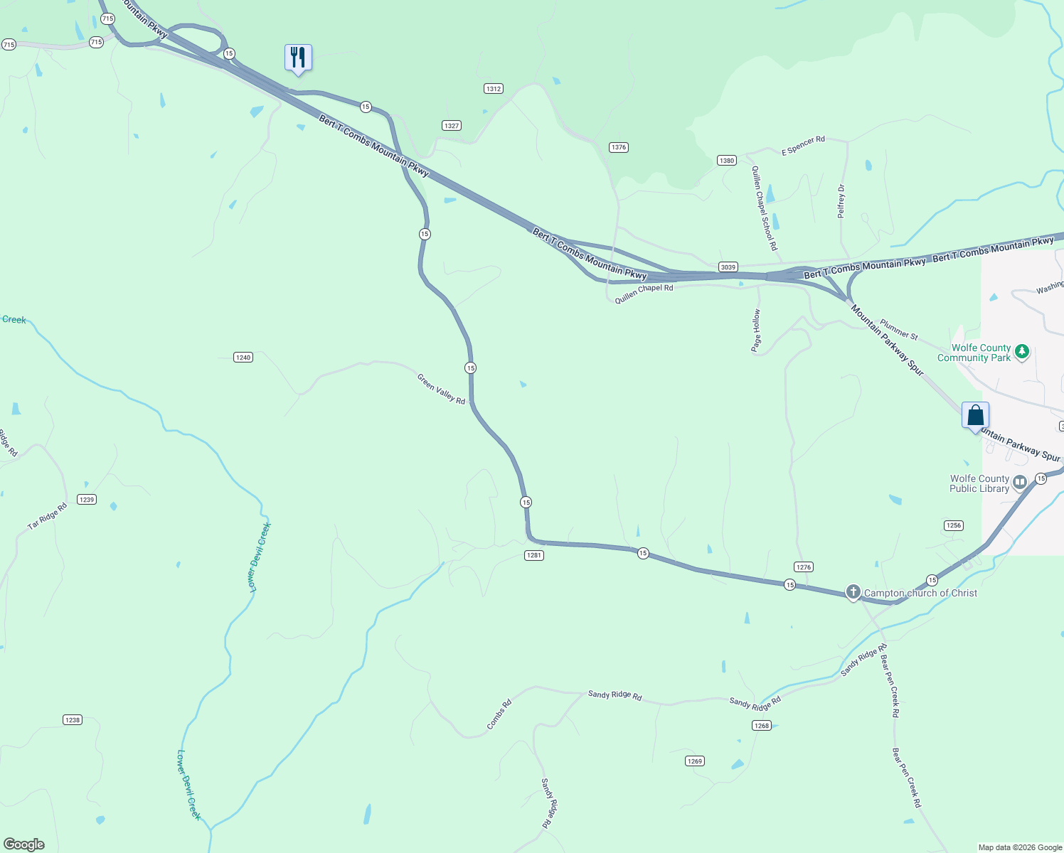 map of restaurants, bars, coffee shops, grocery stores, and more near Kentucky 15 in Campton