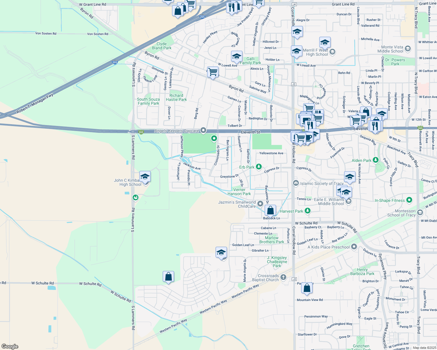 map of restaurants, bars, coffee shops, grocery stores, and more near 2607 Greystone Drive in Tracy