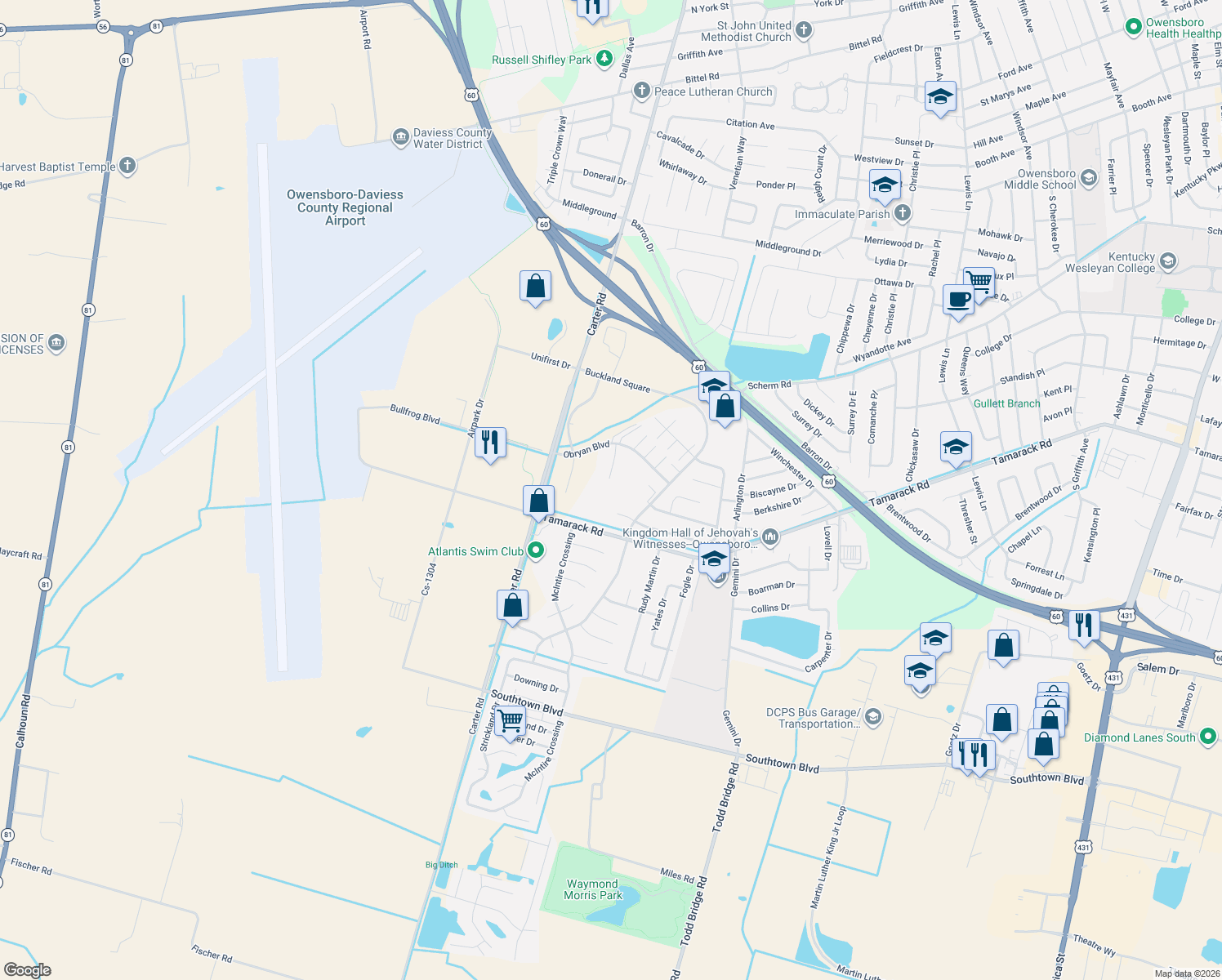 map of restaurants, bars, coffee shops, grocery stores, and more near 3645 Edna Ct in Owensboro