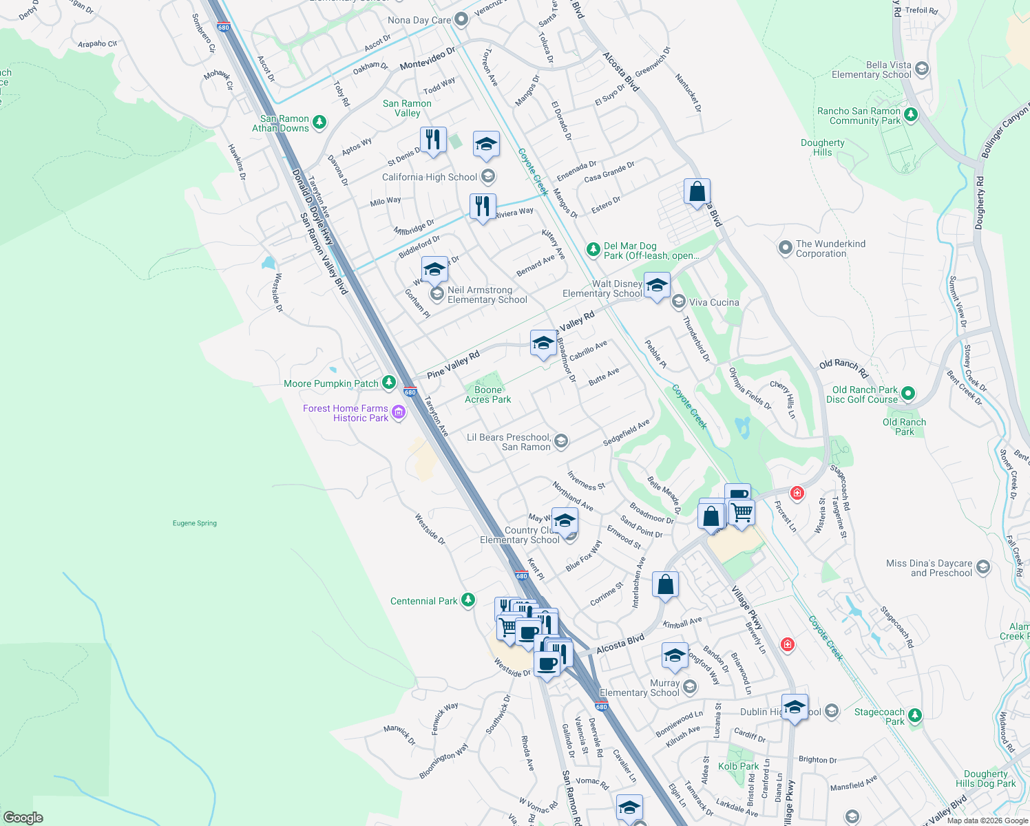 map of restaurants, bars, coffee shops, grocery stores, and more near 106 Mills Place in San Ramon