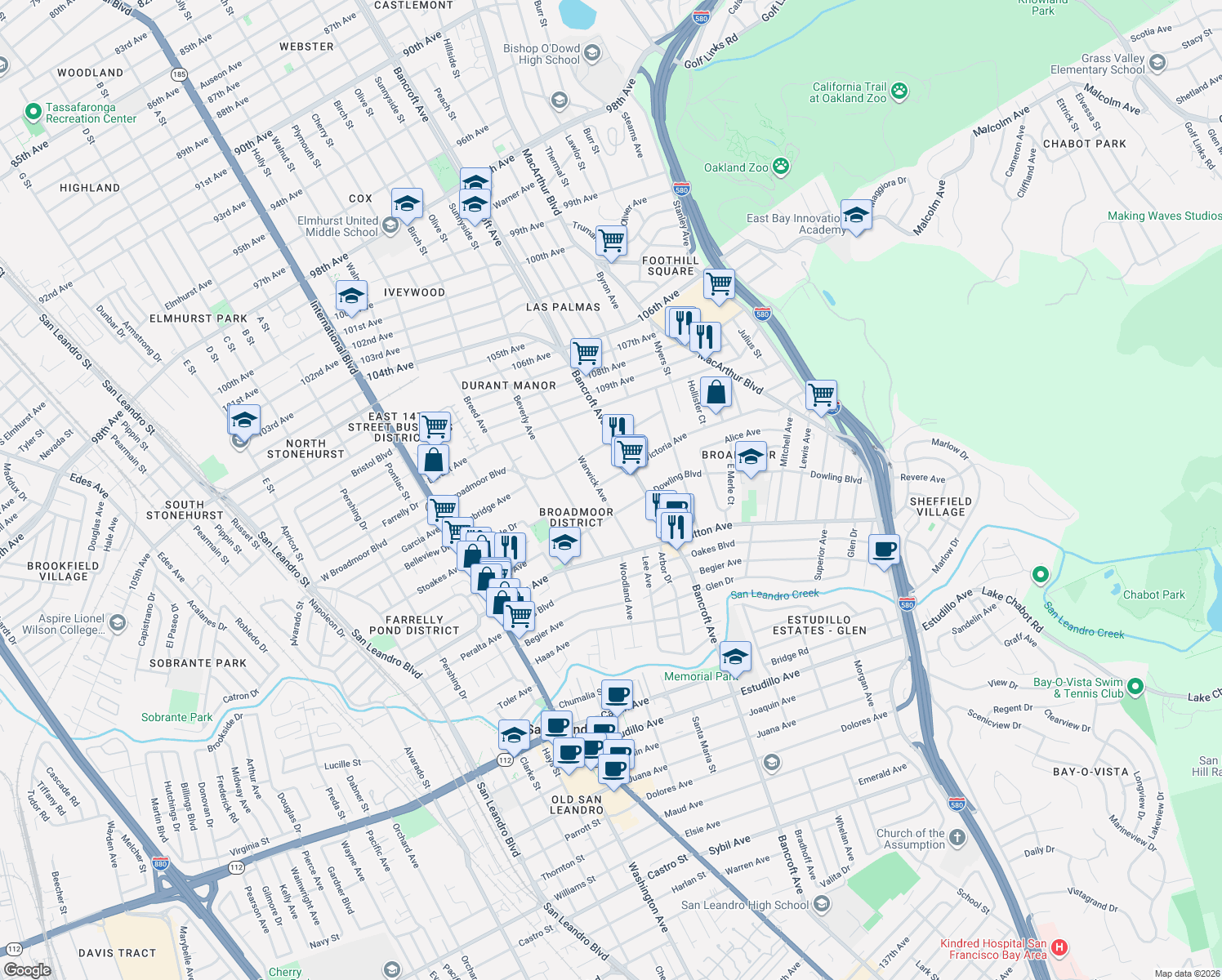 map of restaurants, bars, coffee shops, grocery stores, and more near 533 Victoria Ct in San Leandro