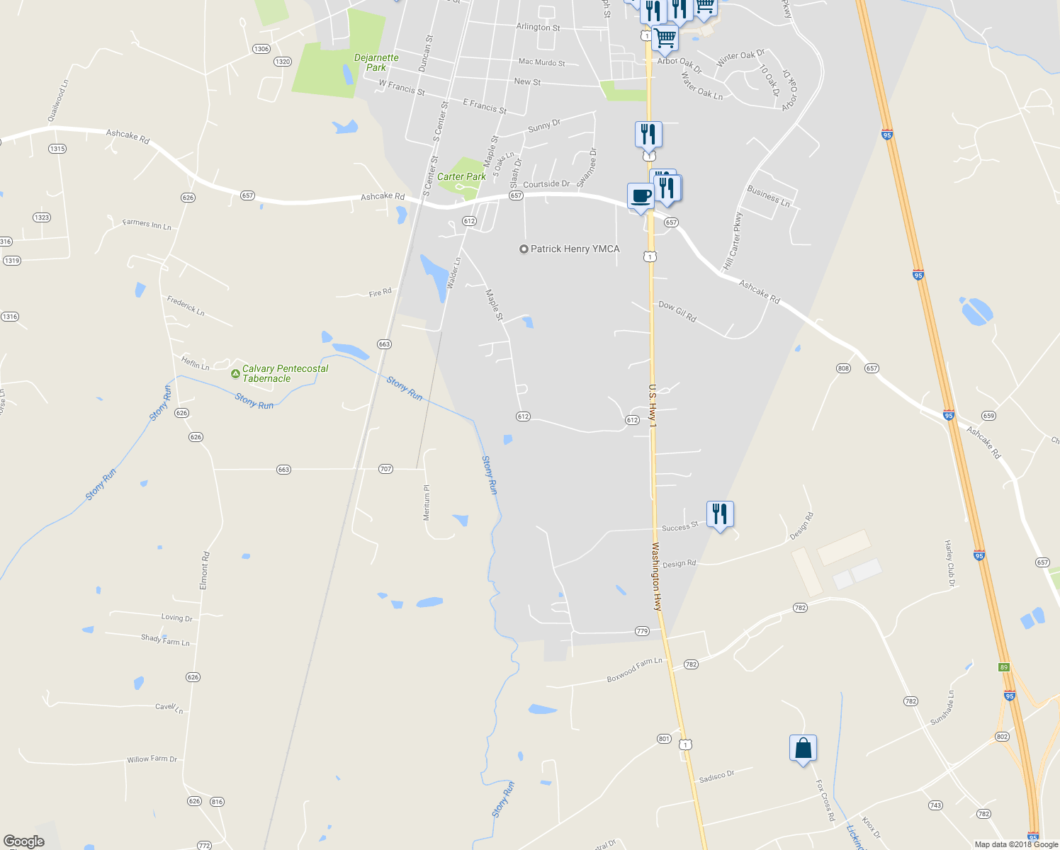 map of restaurants, bars, coffee shops, grocery stores, and more near 12275 Maple Street in Ashland