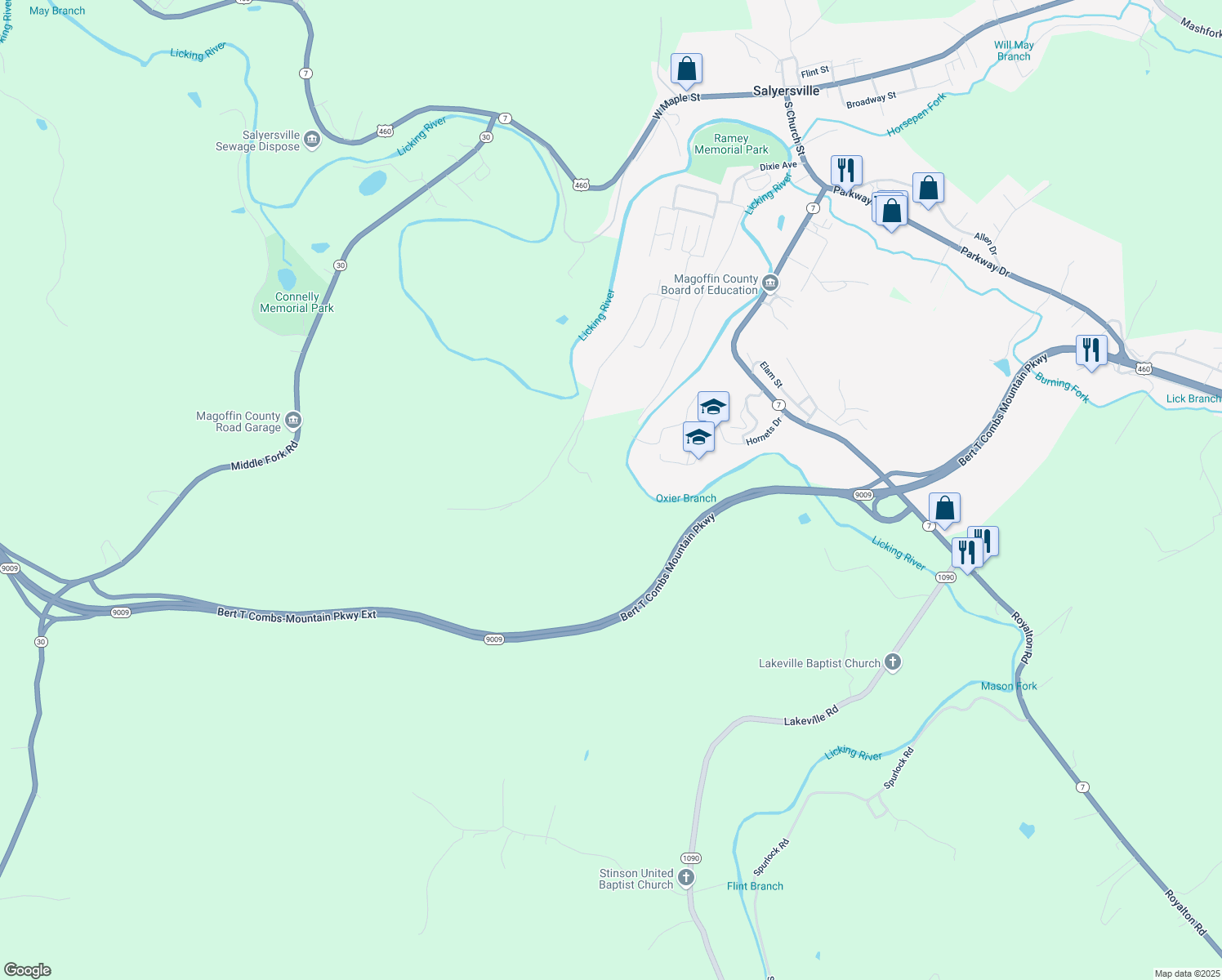 map of restaurants, bars, coffee shops, grocery stores, and more near Cr-1859 in Salyersville