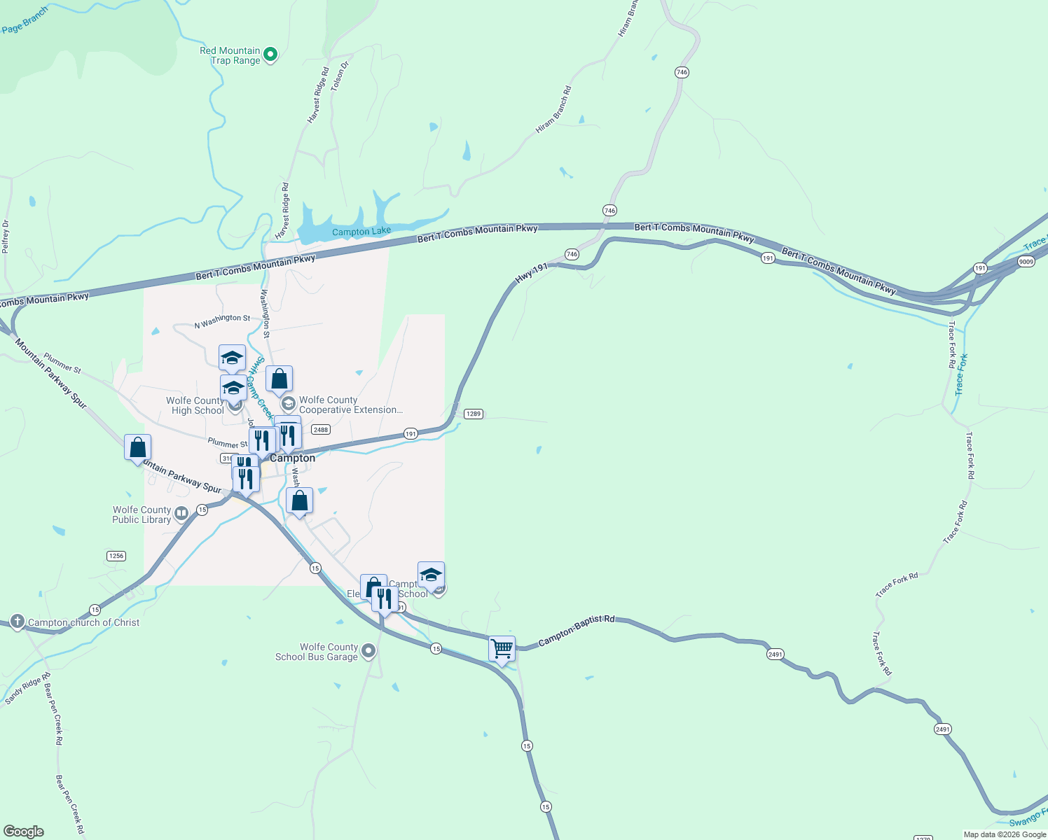 map of restaurants, bars, coffee shops, grocery stores, and more near Steele Street in Campton