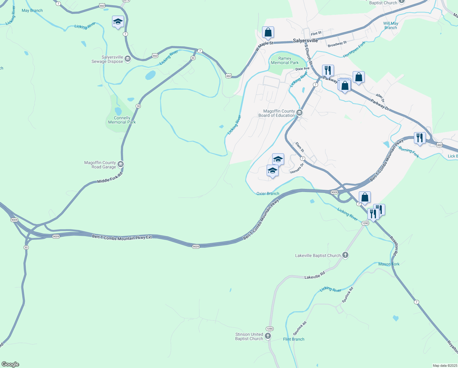 map of restaurants, bars, coffee shops, grocery stores, and more near Cr-1859 in Salyersville