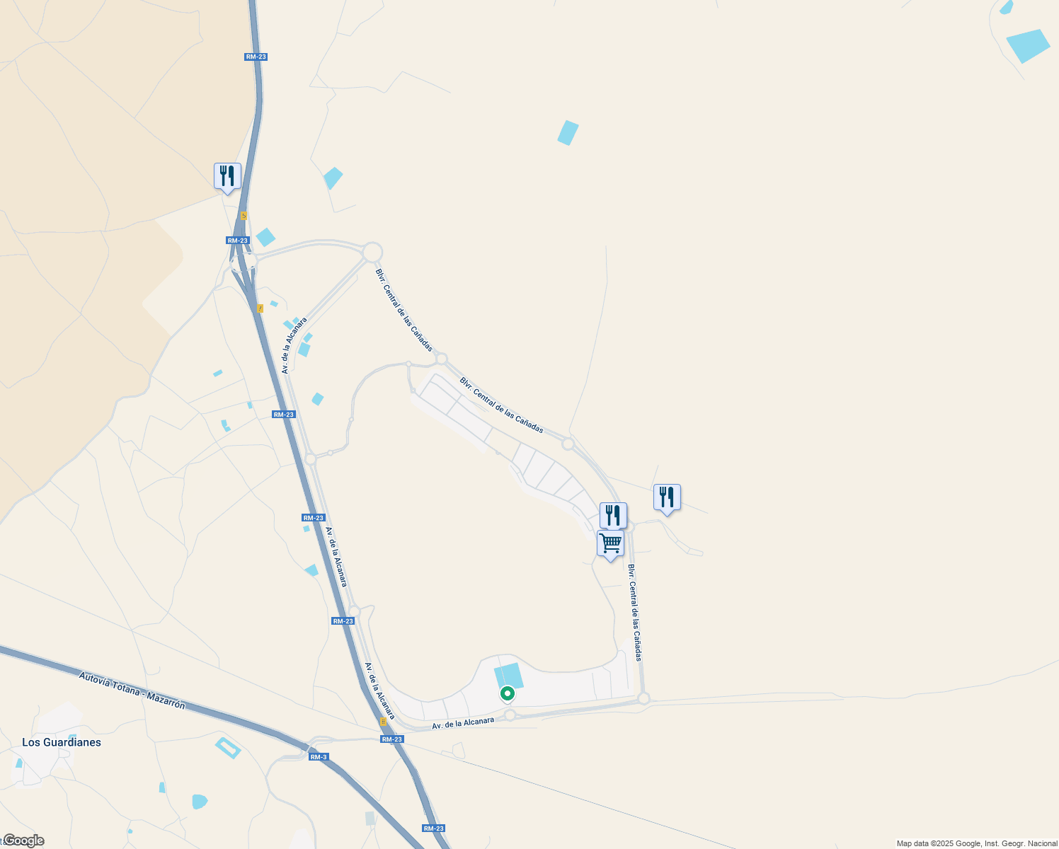 map of restaurants, bars, coffee shops, grocery stores, and more near Bulevar Central de las Cañadas in Murcia