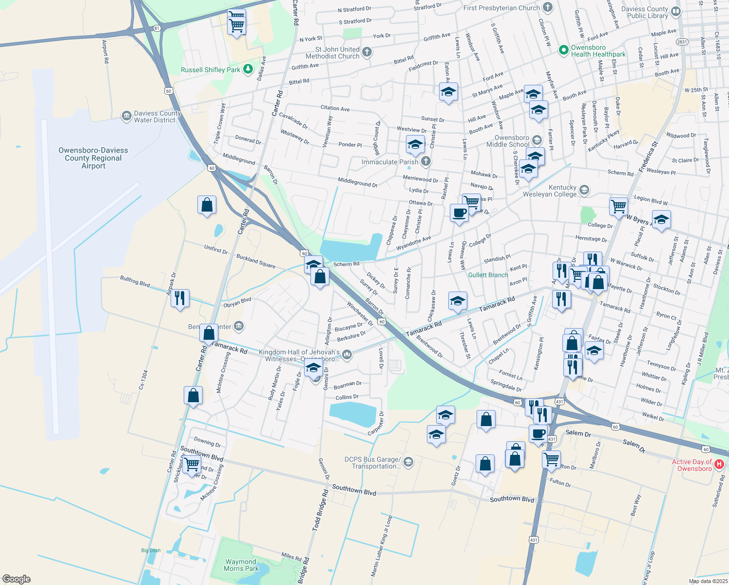 map of restaurants, bars, coffee shops, grocery stores, and more near 2137 Barron Drive in Owensboro