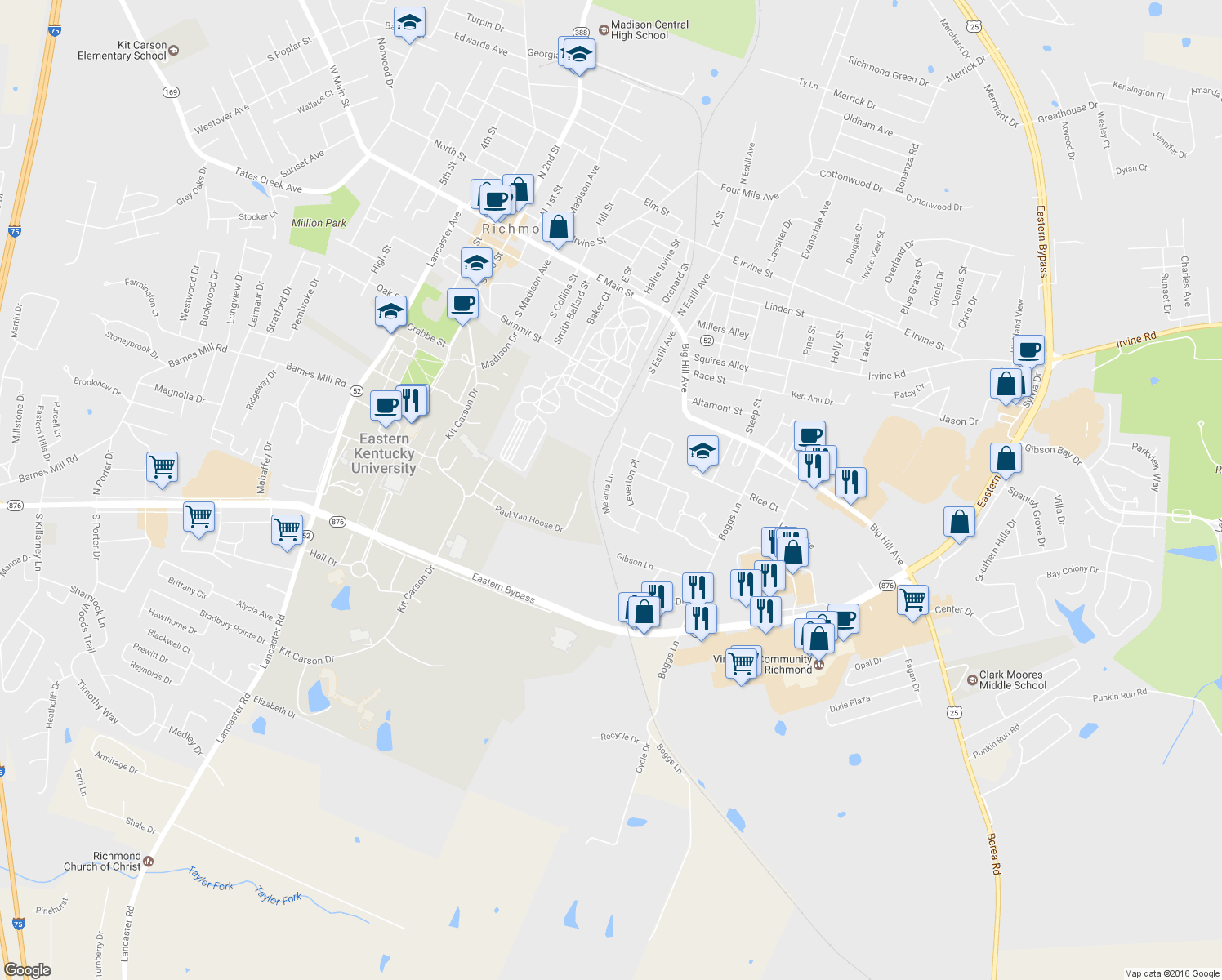 map of restaurants, bars, coffee shops, grocery stores, and more near 835 Melanie Lane in Richmond