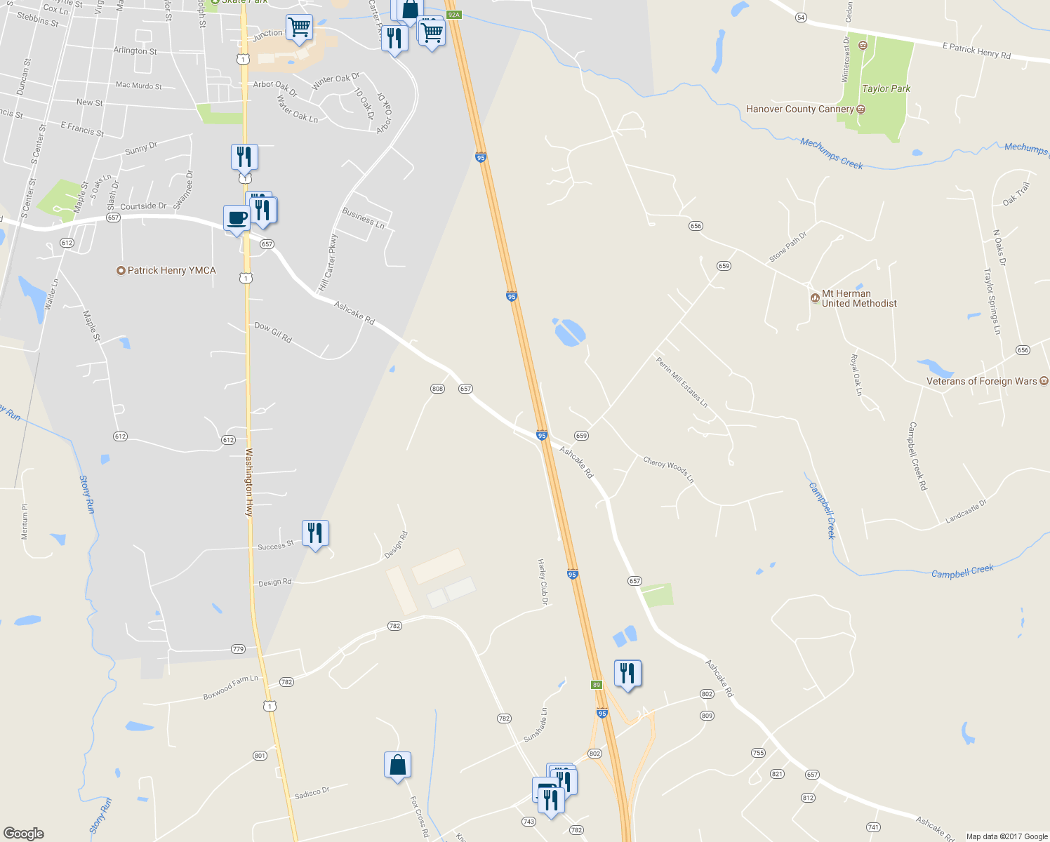 map of restaurants, bars, coffee shops, grocery stores, and more near 10386 Ashcake Road in Ashland